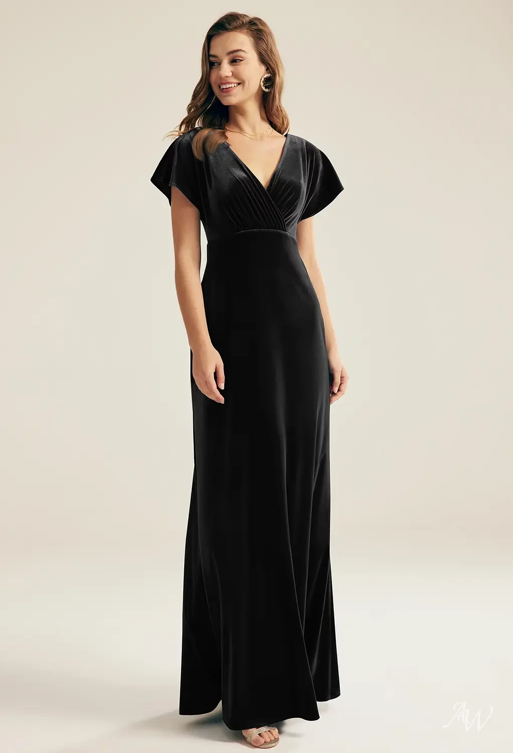 short sleeve black bridesmaid dress AW.Bridal A-line V-Neck Floor Length Short Sleeves Ruching Long Bridesmaid Dresses Dress Black Size 4