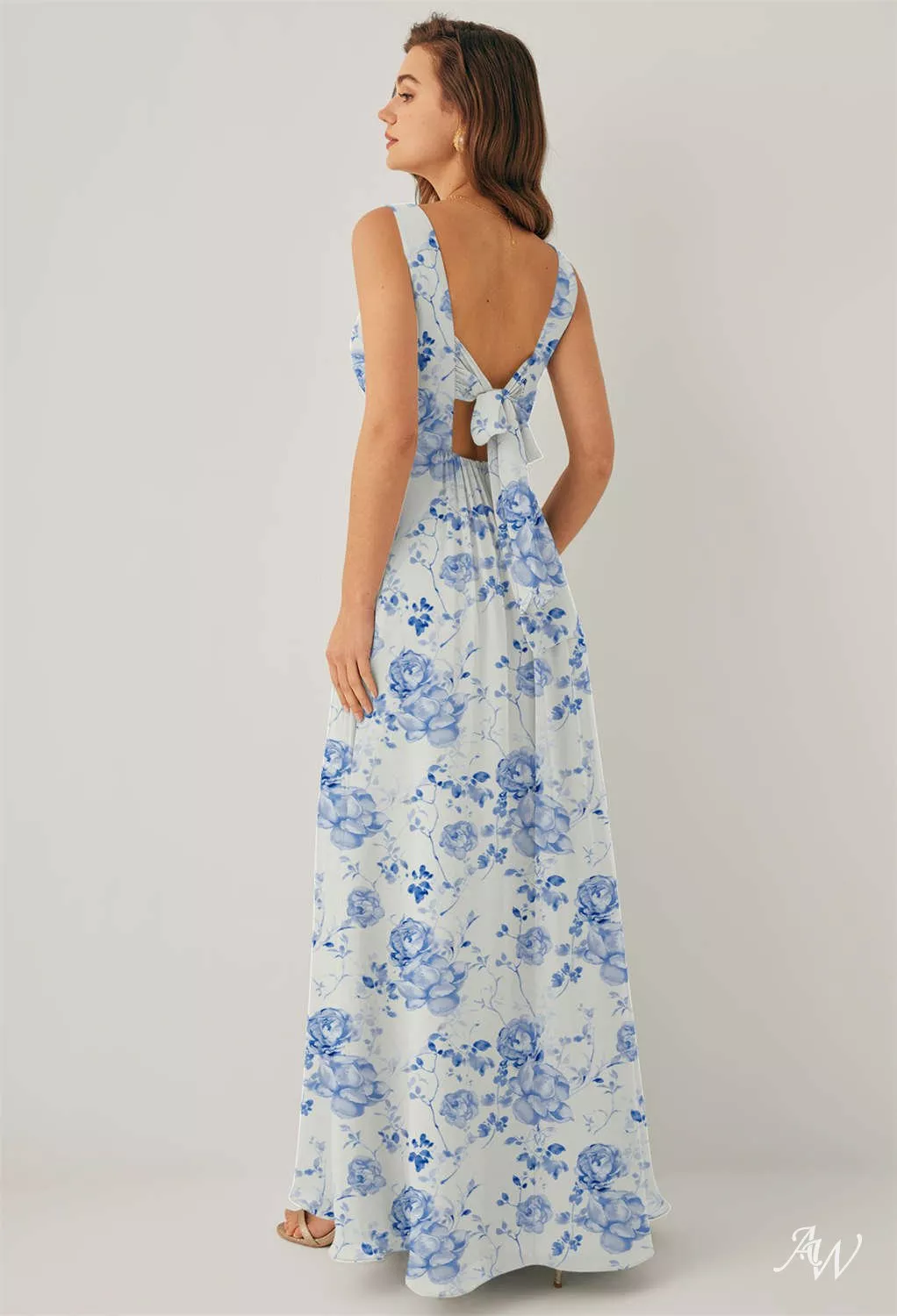 AW.Bridal A-Line V-Neck Floor Length Sleeveless Chiffon Pleat Floral Bridesmaid Dresses Blue Botanical Floral Size 16
