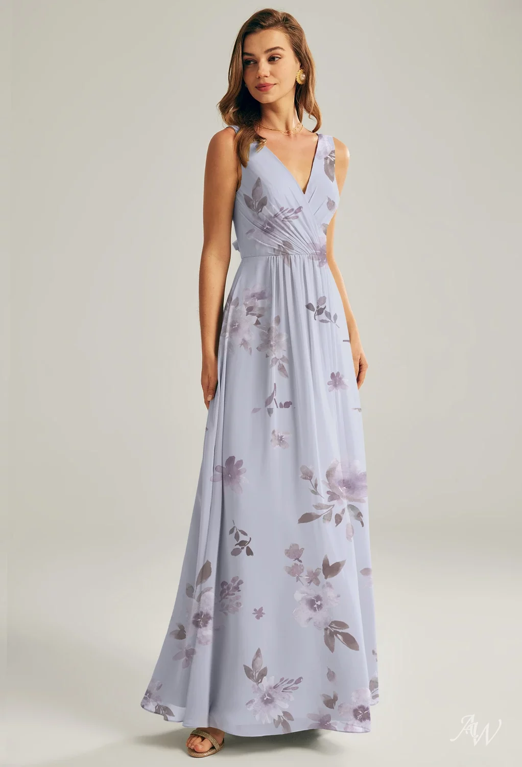 lavender floral bridesmaid dress AW.Bridal A-line V-Neck Floor Length Sleeveless Pleat Floral Bridesmaid Dresses Floral Dress Lavender Mist Floral Size 18