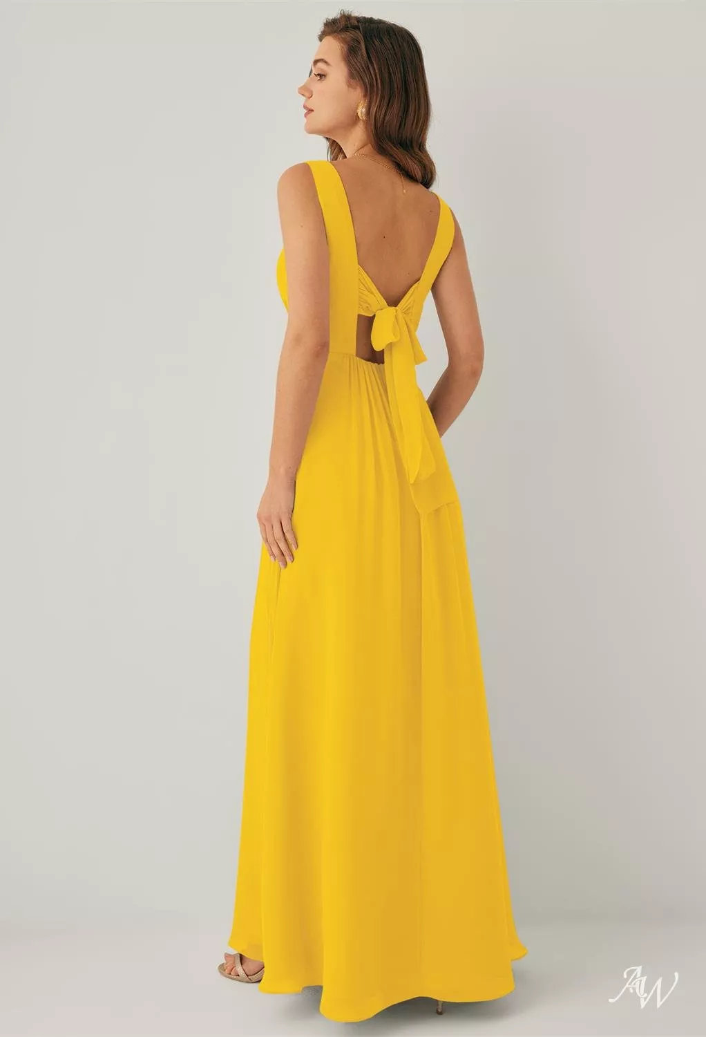 AW.Bridal A-line V-Neck Floor Length Sleeveless Chiffon Pleat Long Bridesmaid Dresses Mustard Yellow Size 6