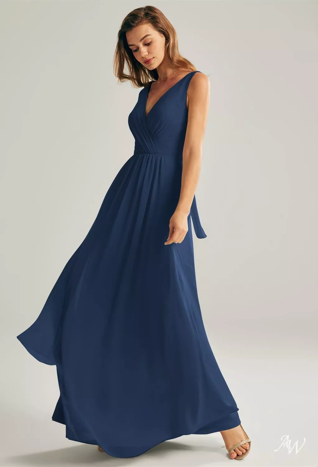 AW.Bridal A-line V-Neck Floor Length Sleeveless Pleat Long Bridesmaid Dresses Dress Navy Size 18