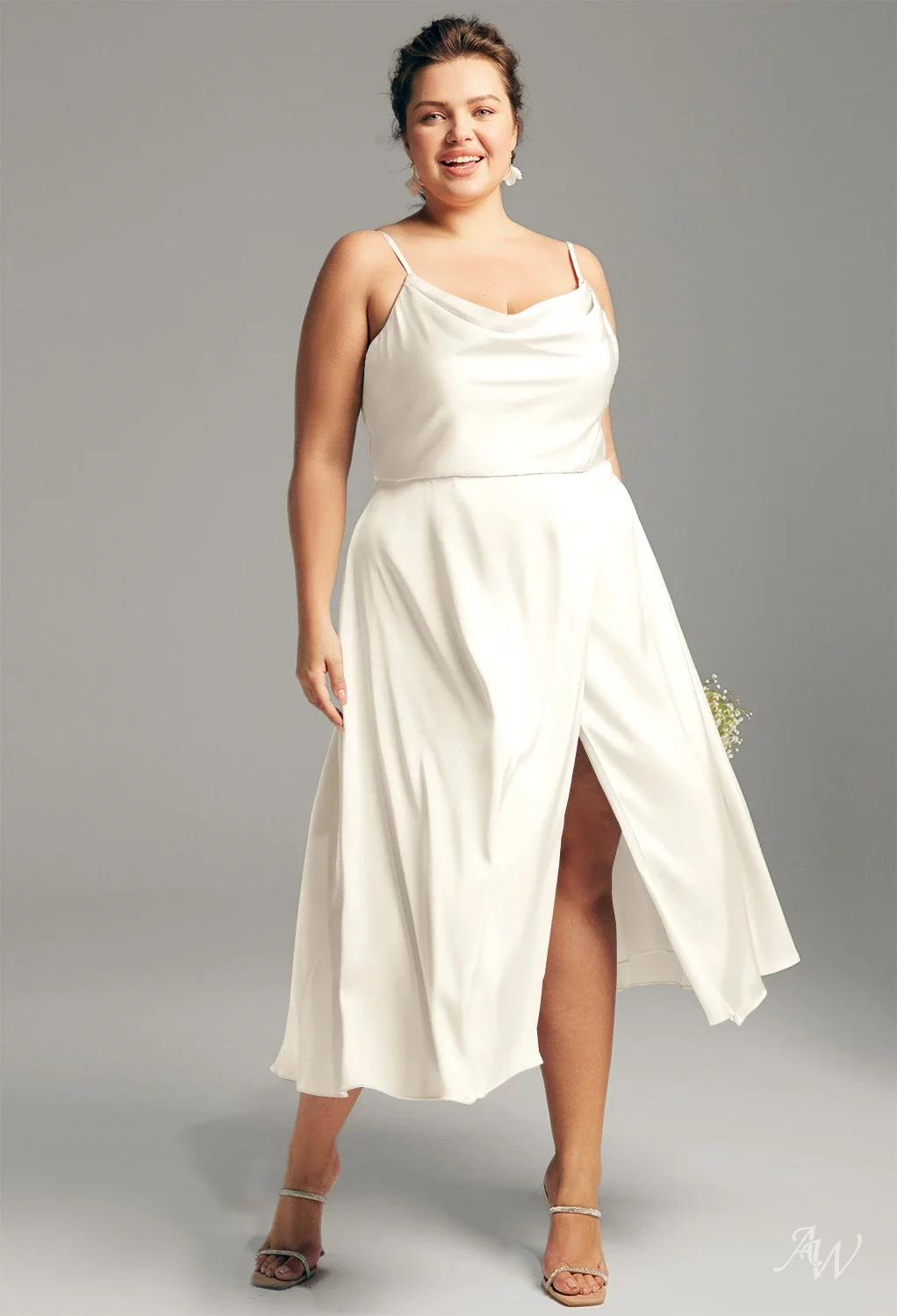 AW.Bridal A-Line Cowl Neckline Tea Length Sleeveless Spaghetti Straps Satin Wedding Guest Dresses Dress Ivory Plus Size 18