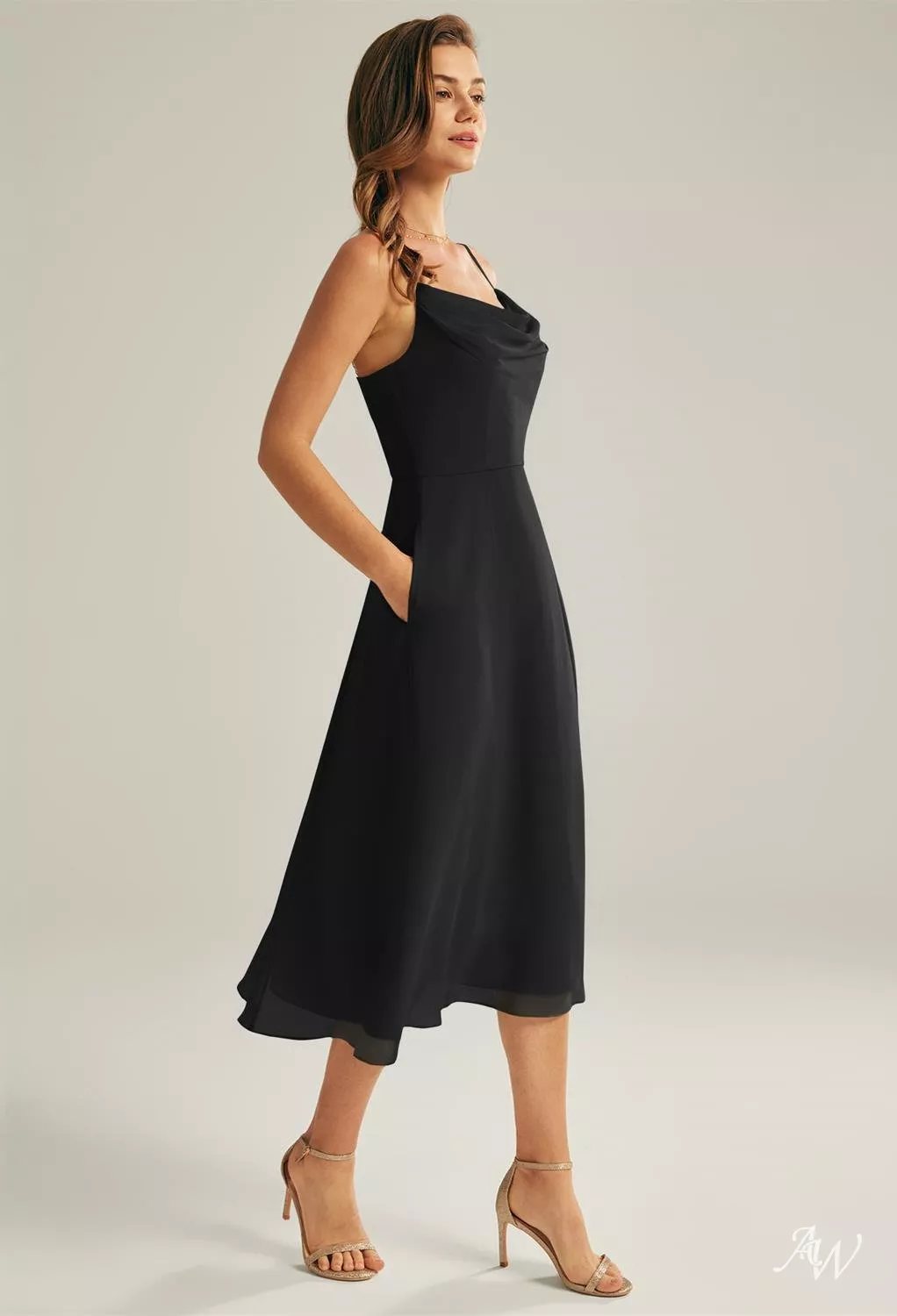 AW.Bridal A-line Cowl Neckline Tea Length Sleeveless Spaghetti Straps Long Bridesmaid Dresses Dress Black Size 18
