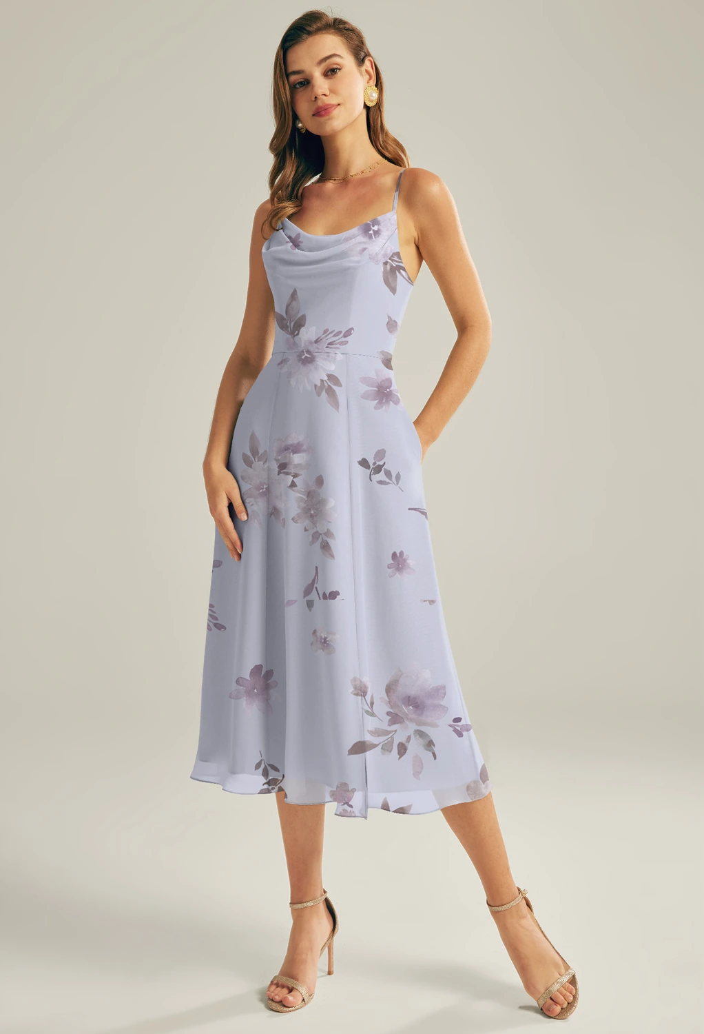 midi lavender wedding guest dress Lavender long sleeve midi dress; modest summer wedding guest gown; elegant pleated V-neck dress