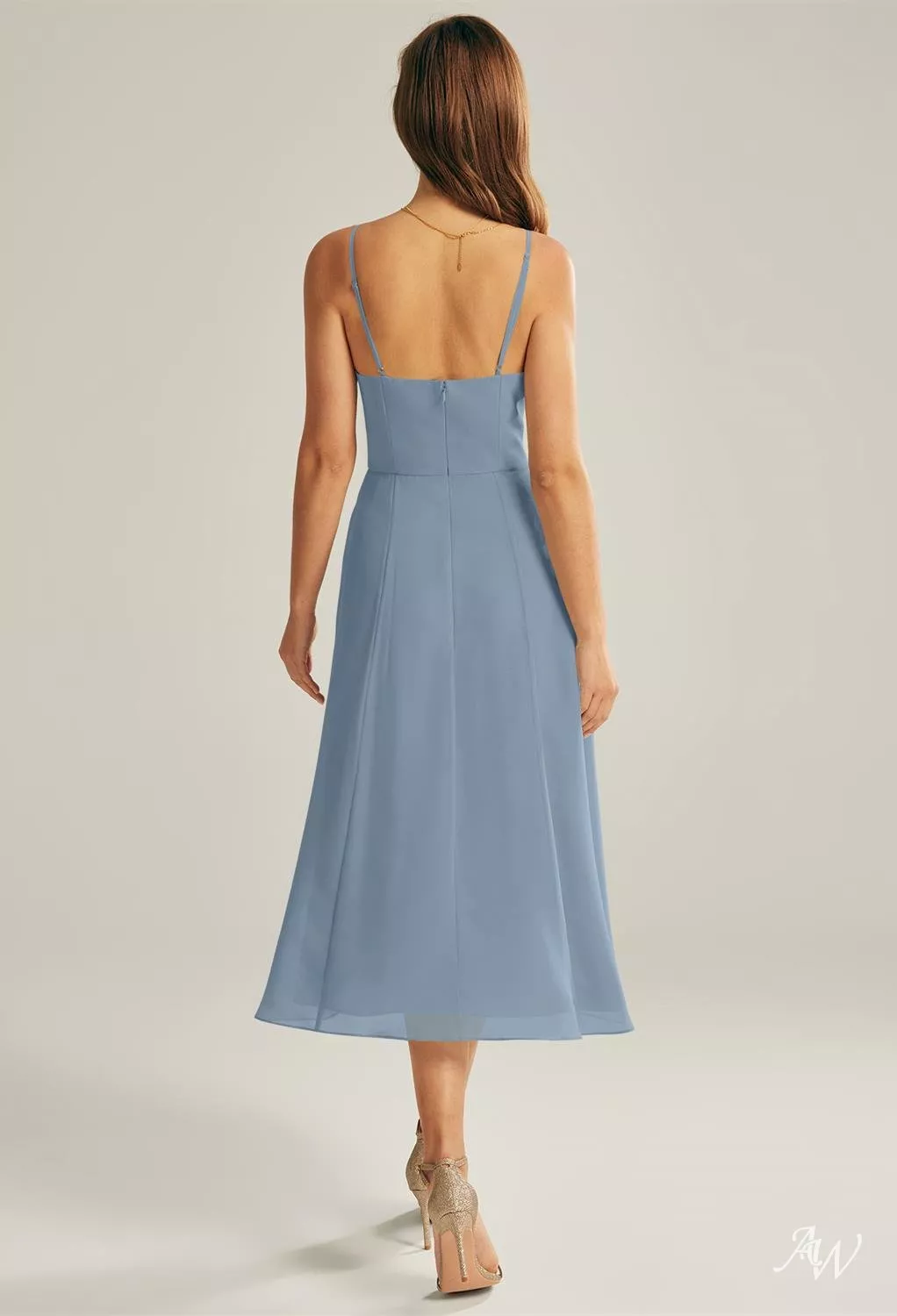 AW.Bridal A-line Cowl Neckline Tea Length Sleeveless Spaghetti Straps Chiffon Long Bridesmaid Dresses Light Dusty Blue Size 8