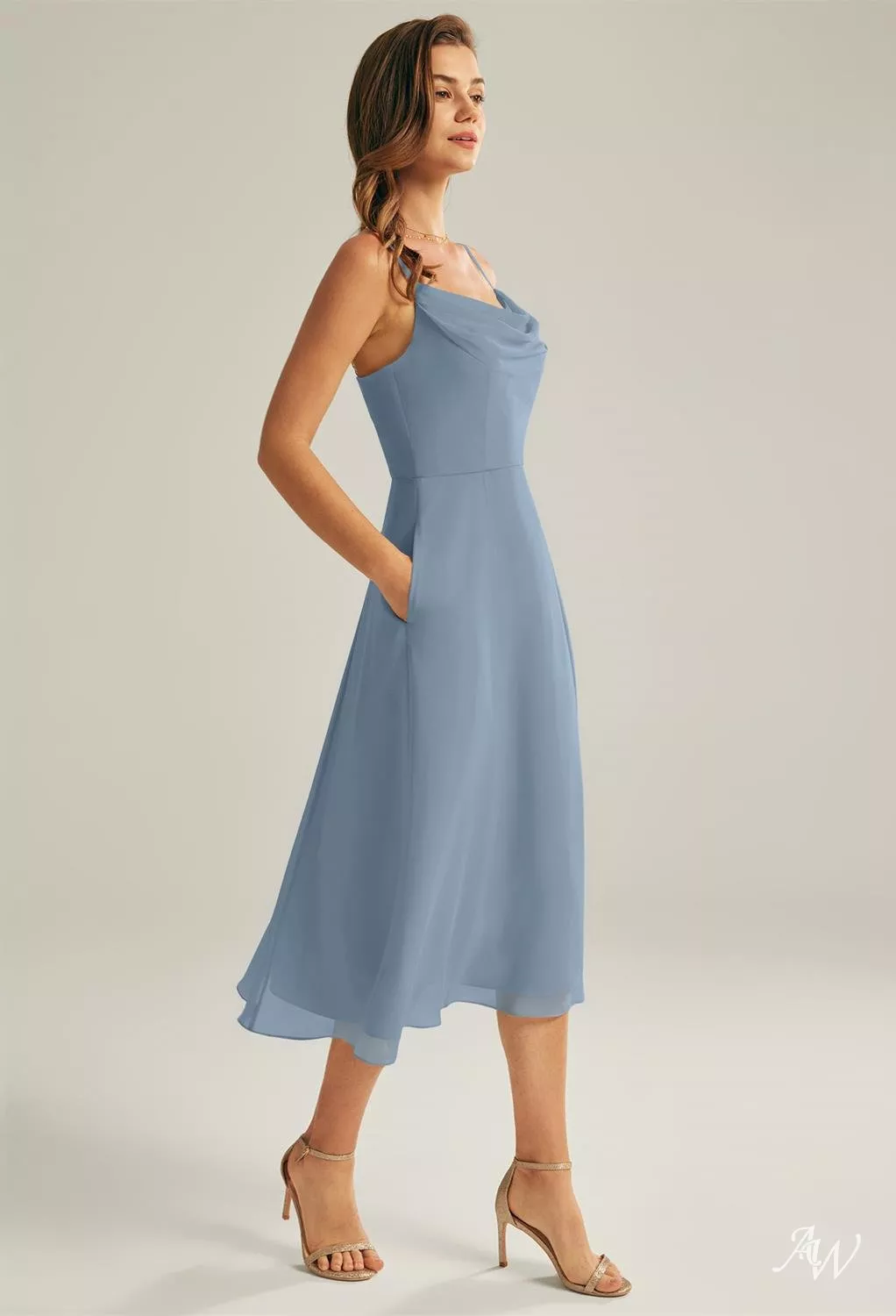 AW.Bridal A-Line Cowl Neckline Tea Length Sleeveless Spaghetti Straps Chiffon Long Bridesmaid Dresses Light Dusty Blue Size 8