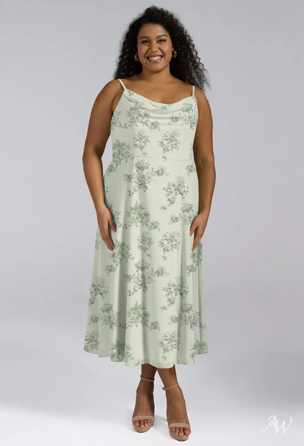 AW.Bridal A-line Cowl Neckline Tea Length Sleeveless Spaghetti Straps Floral Plus Size Dresses Floral Dress Pistachio Green Penoy Size 8