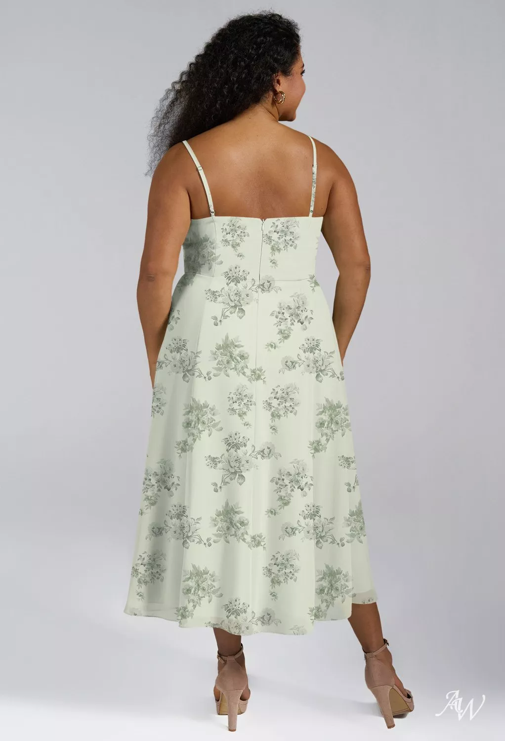 AW.Bridal A-line Cowl Neckline Tea Length Sleeveless Spaghetti Straps Floral Plus Size Dresses Floral Dress Pistachio Green Penoy Size 8