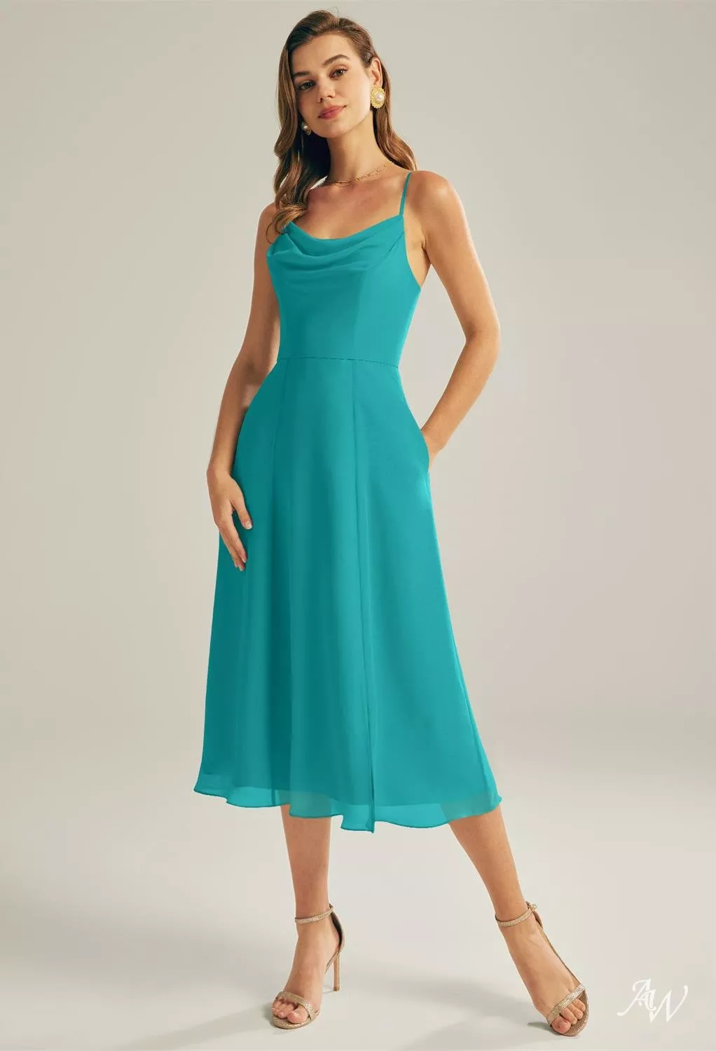 turquoise tea length bridesmaid dresses AW Maribel Bride dresses