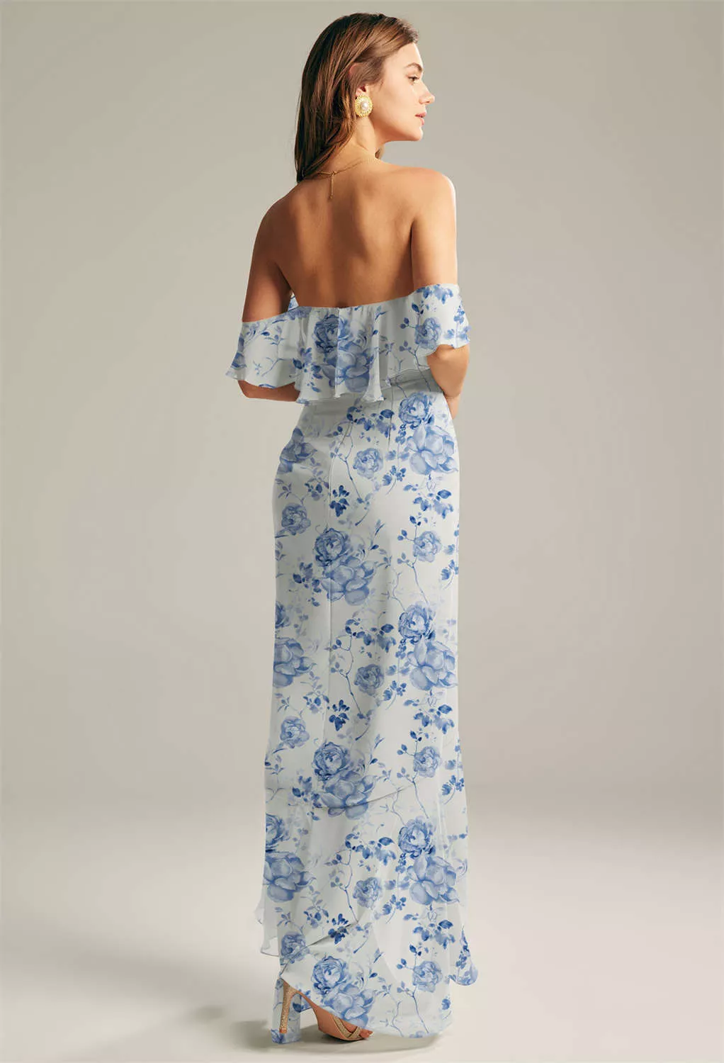formal dresses for fall wedding guest Blue Floral Pattern Long Senior Prom Dress, Off the Shoulder Evening P main image 0