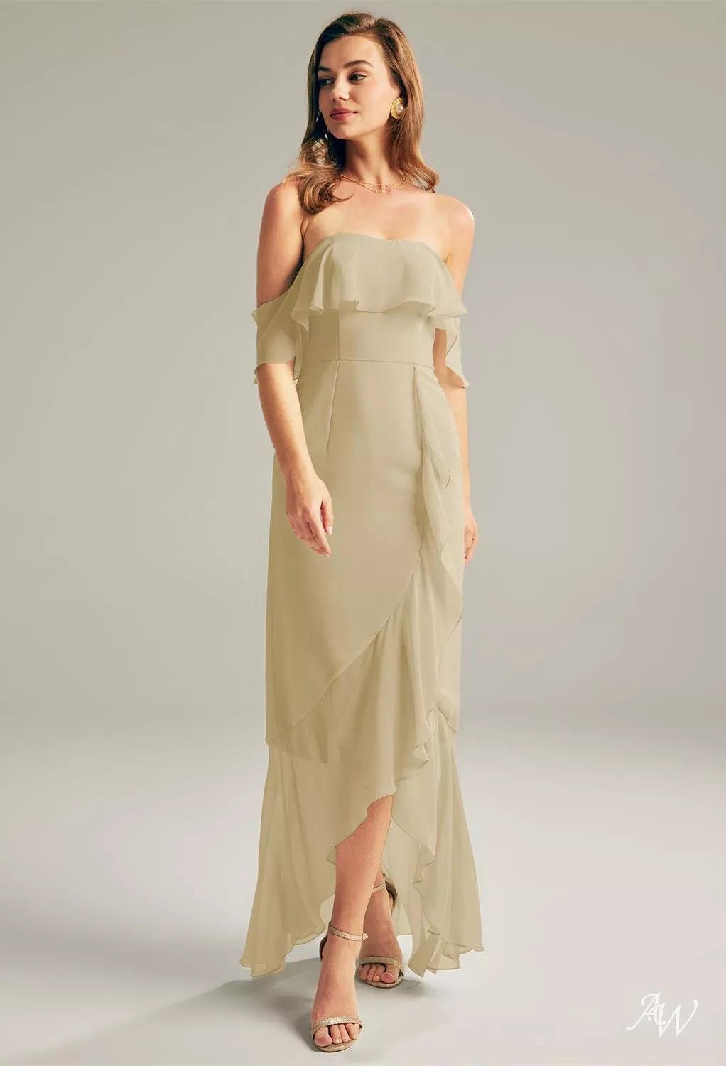 champagne off the shoulder bridesmaid dresses Off-the-Shoulder Chiffon A-Line Long Bridesmaid Dress in Champagne, Champagne / 8 main image 0
