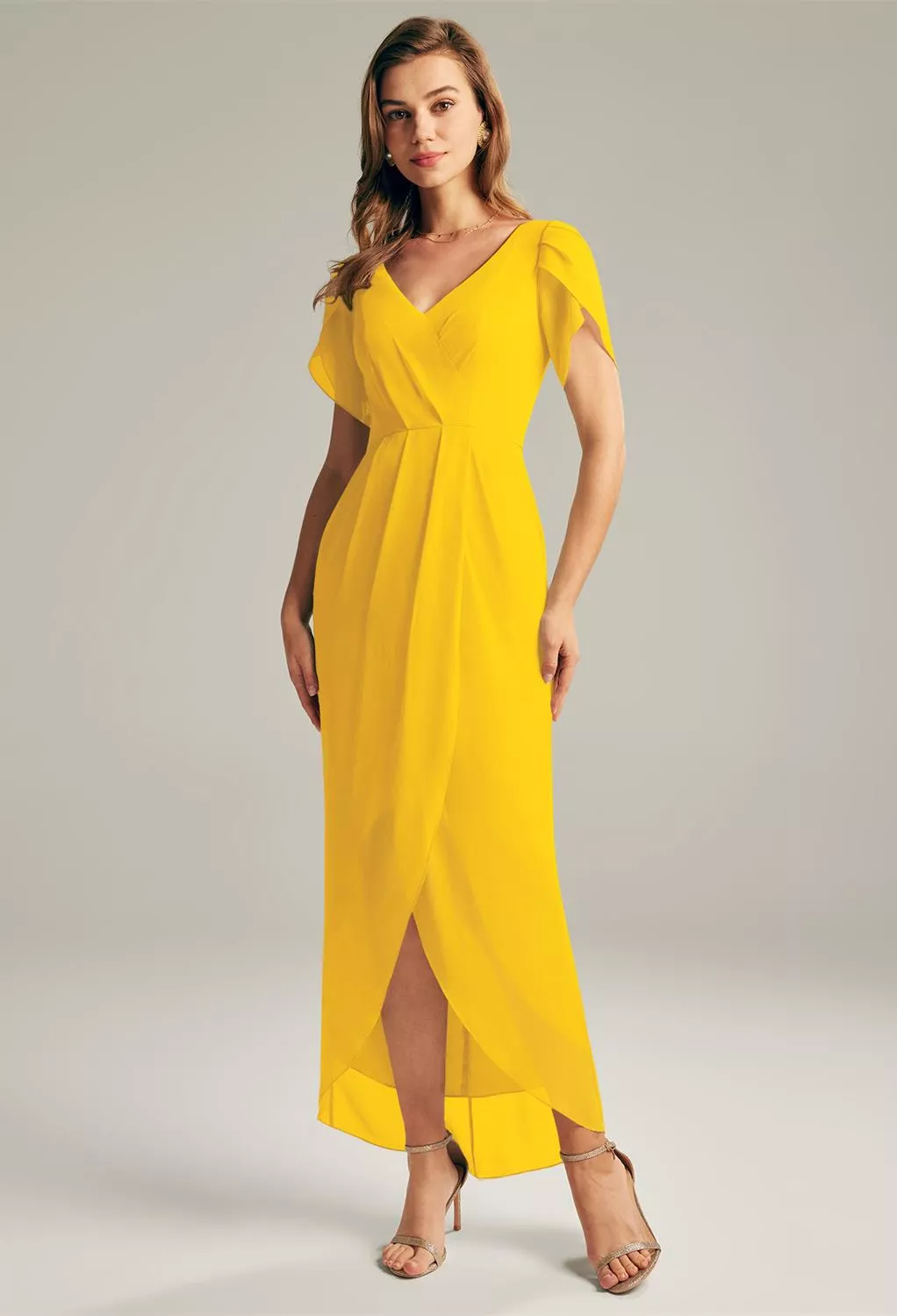 slim fit dress slacks Shiny Yellow Long A-Line V-Neck Fluffy Tulle Graduation Prom Dresses main image 1