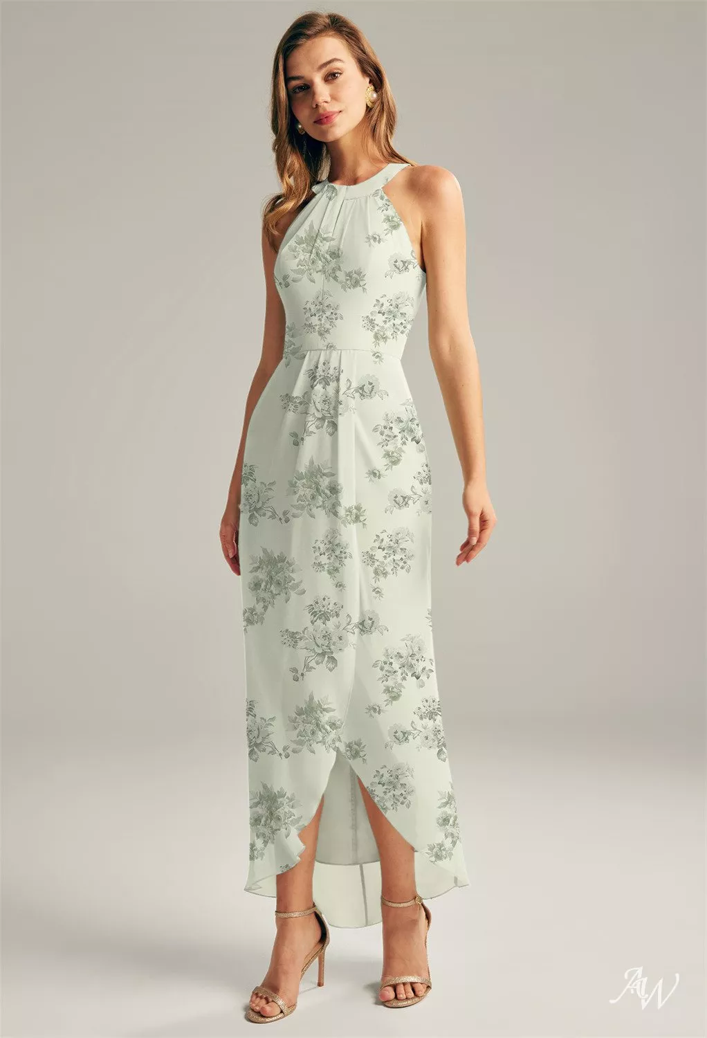 AW.Bridal Column Halter Neckline Hi Lo Sleeveless Chiffon Pleat Floral Wedding Guest Dresses Pistachio Green Penoy Size 8