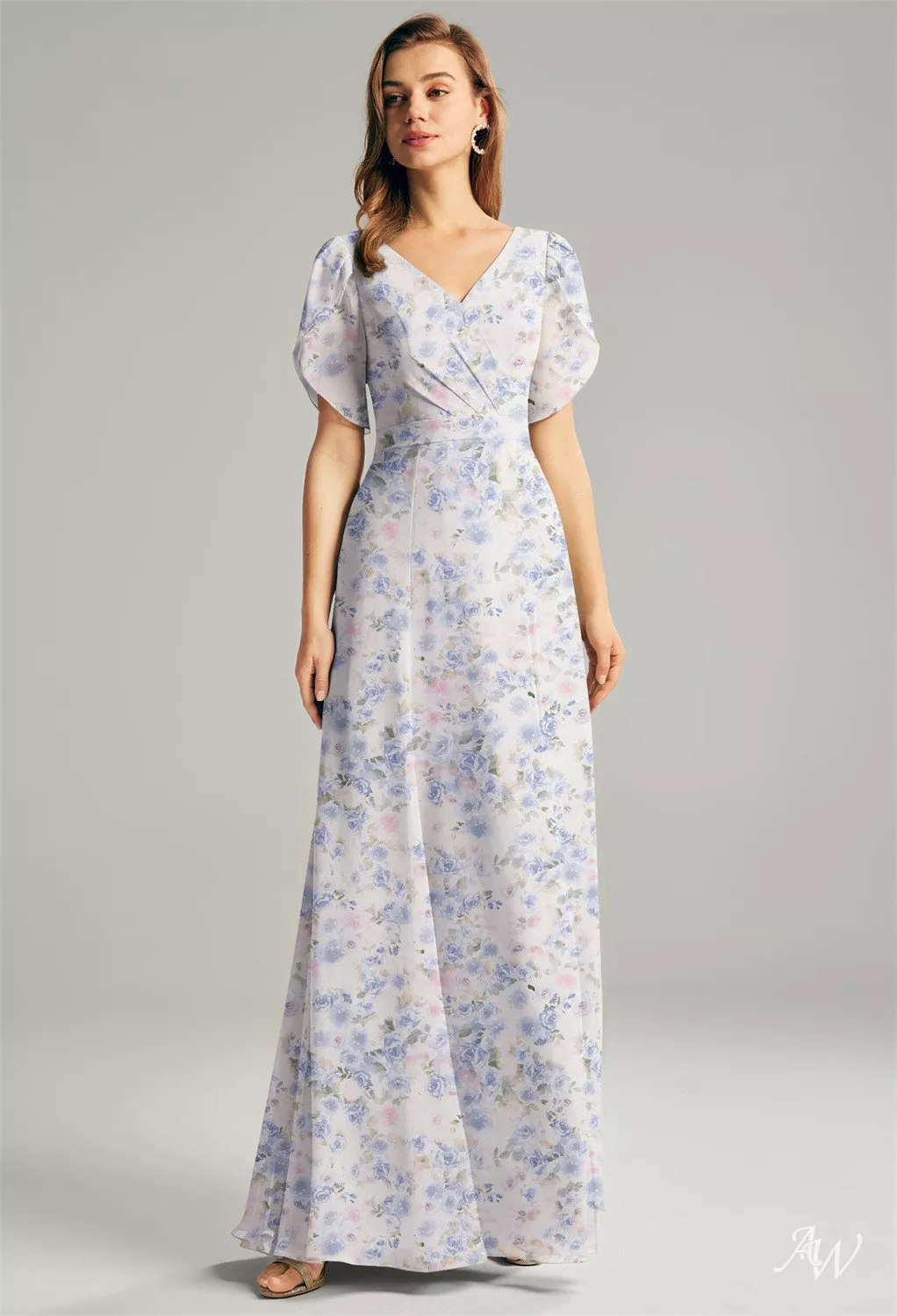 AW.Bridal A-line V-Neck Floor Length Short Sleeves Pleat Floral Bridesmaid Dresses Floral Dress Azure Purple Print Size 18