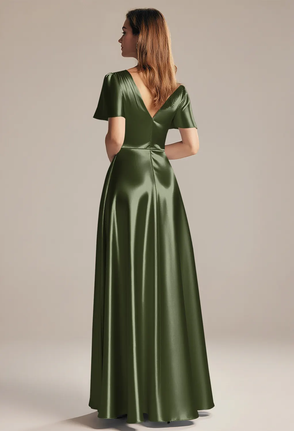 Green Olive, Crystal Satin Bridesmaid Dresses | AW.Bridal