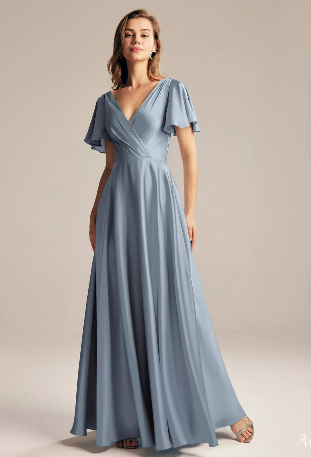 dusty blue formal dress plus size Red, Dusty Blue, Navy | Plus Size Satin Gown with Draped Bodice, Lace  Straps & High Slit CDCDS496C main image 1