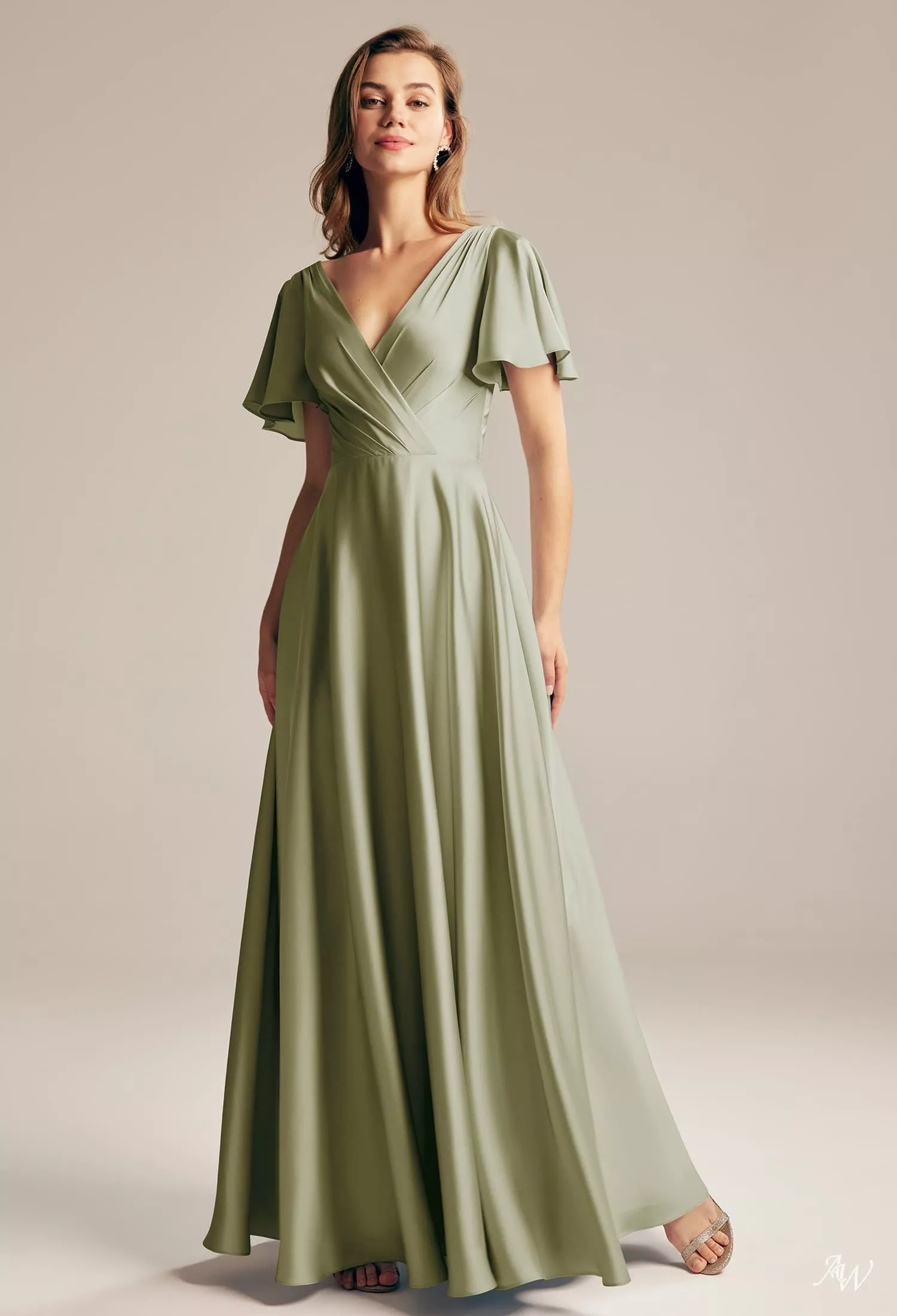 seed green dress AW.Bridal A-line V-Neck Floor Length Short Sleeves Satin Pleat Long Bridesmaid Dresses Fennel Size 8 Women's Festival Dress