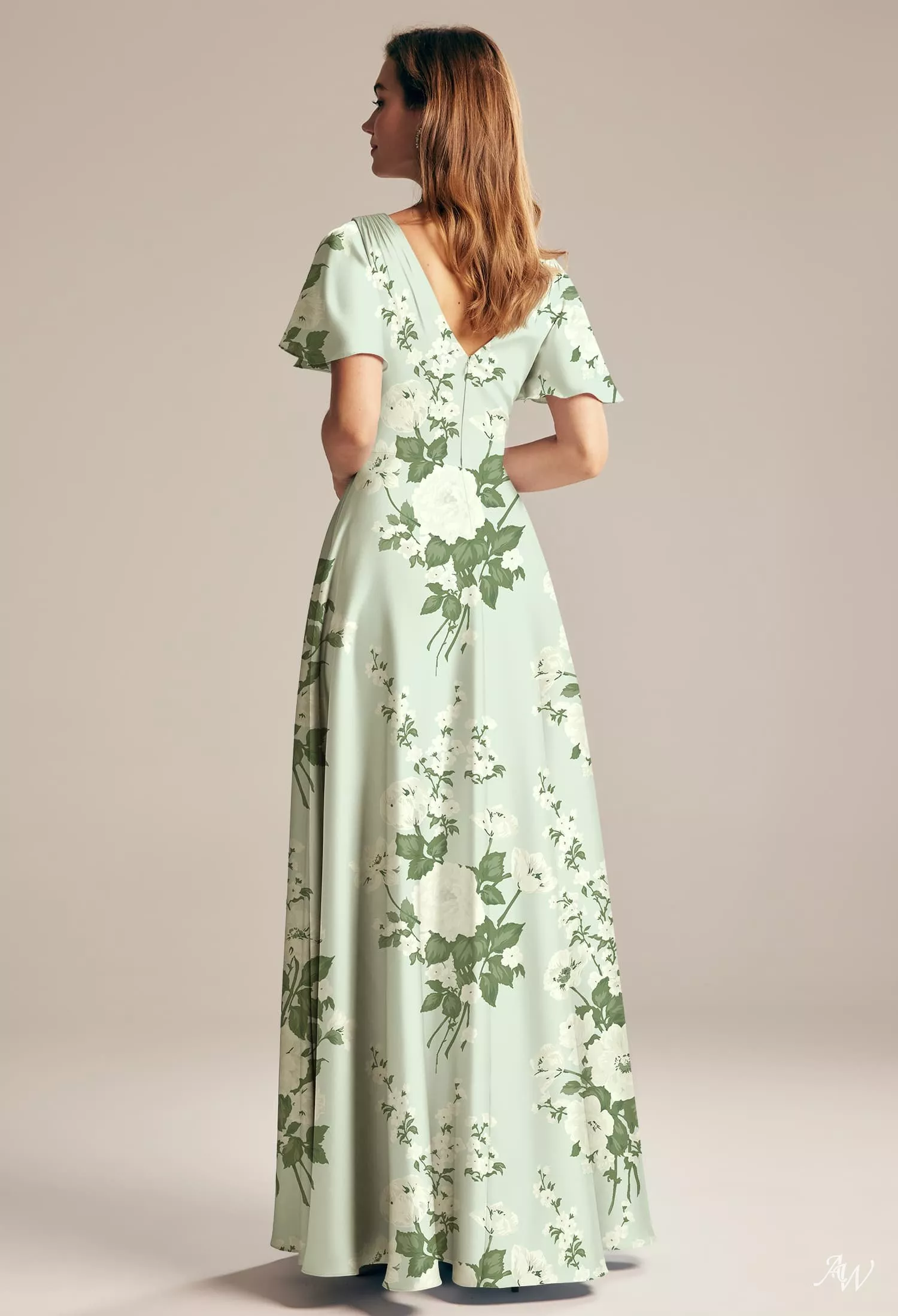 moss green dress with sleeves AW.Bridal A-line V-Neck Floor Length Short Satin Pleat Floral Bridesmaid Dresses Floral Mottled Size 8 filter-length-51-60