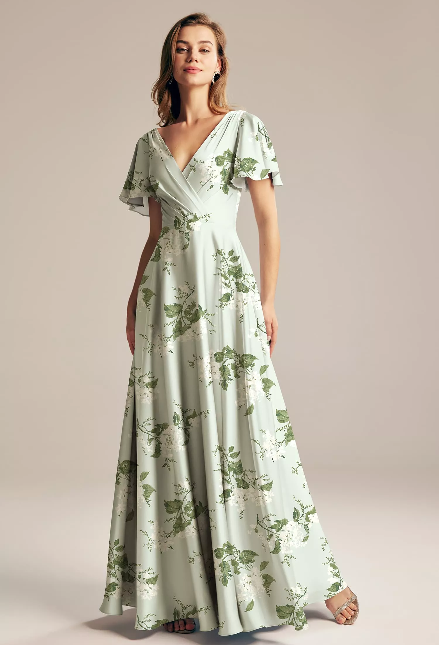 Sage Garden Party, Green Floral Long Bridesmaid Dresses