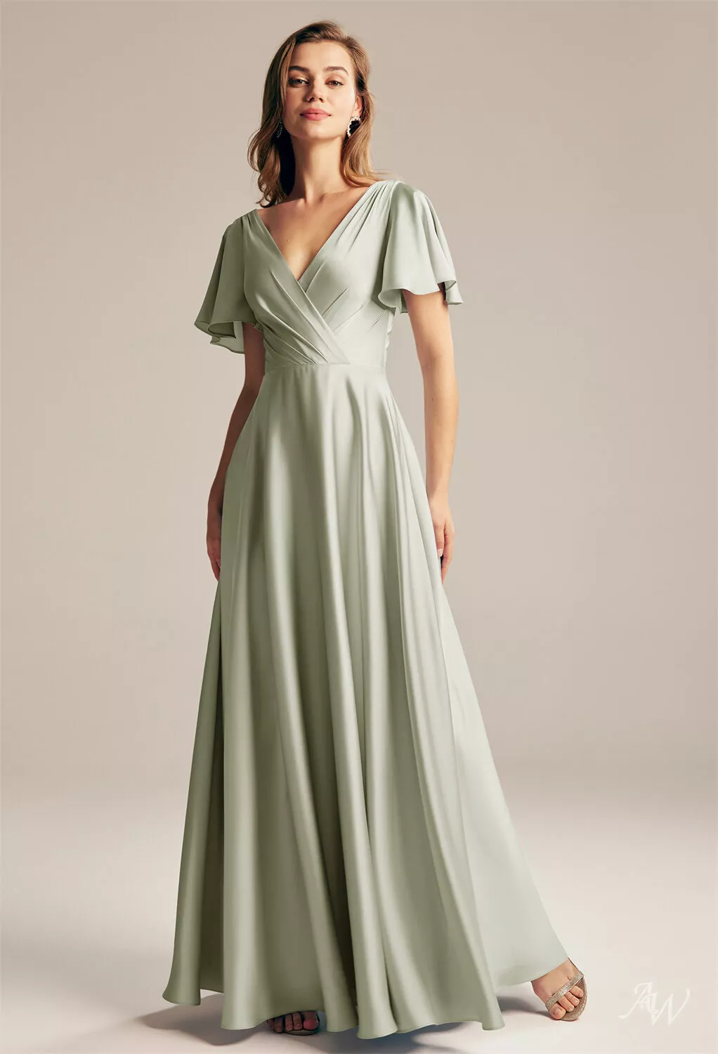 sage green bridesmaid dresses satin under $60 Champagne Satin V-Neck Bridesmaid Dress A-Line Floor-Length