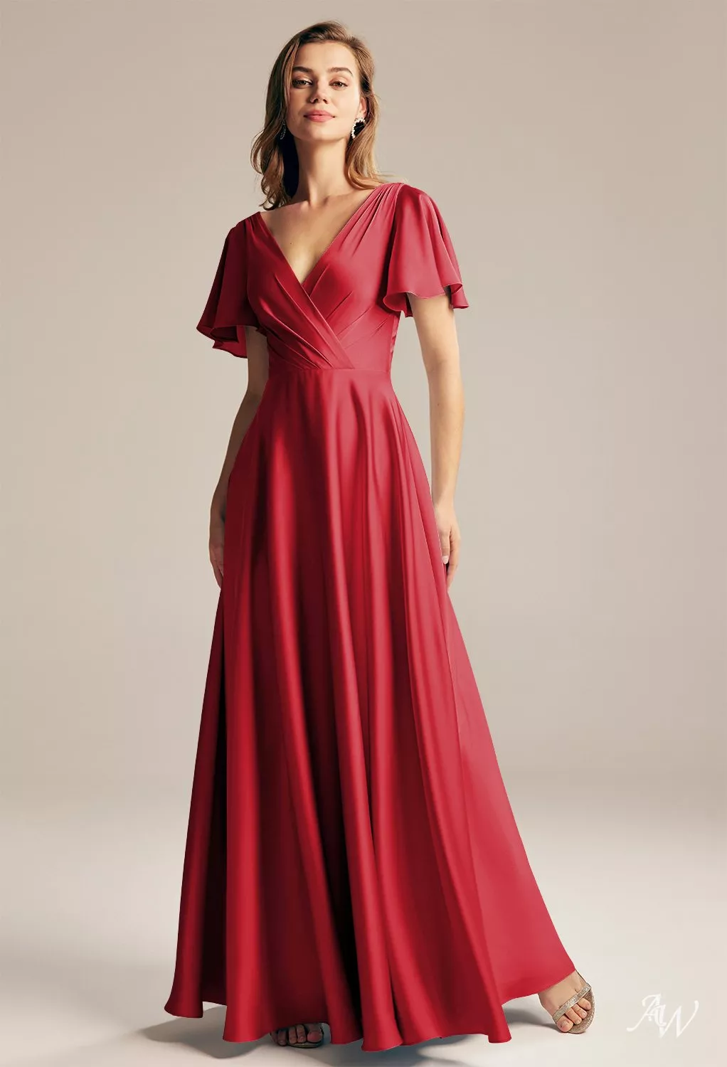 AW.Bridal A-line V-Neck Floor Length Short Sleeves Satin Pleat Long Bridesmaid Dresses Dress Tango Red Plus Size 16