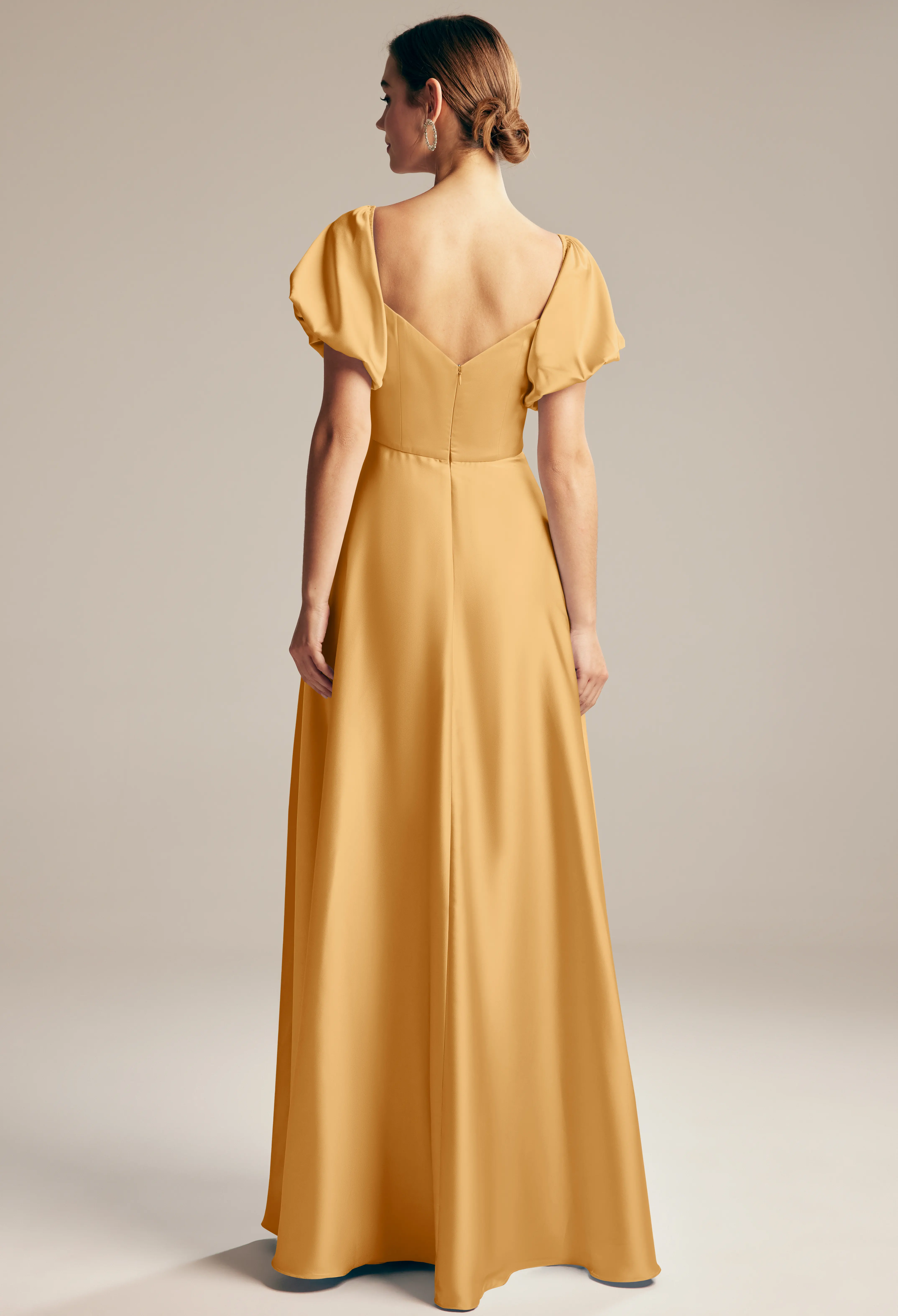 AW.Bridal A-line Sweetheart Neckline Floor Length Puff Sleeves Short Sleeves Satin Pleat Long Bridesmaid Dresses Dress Butterscotch Size 6