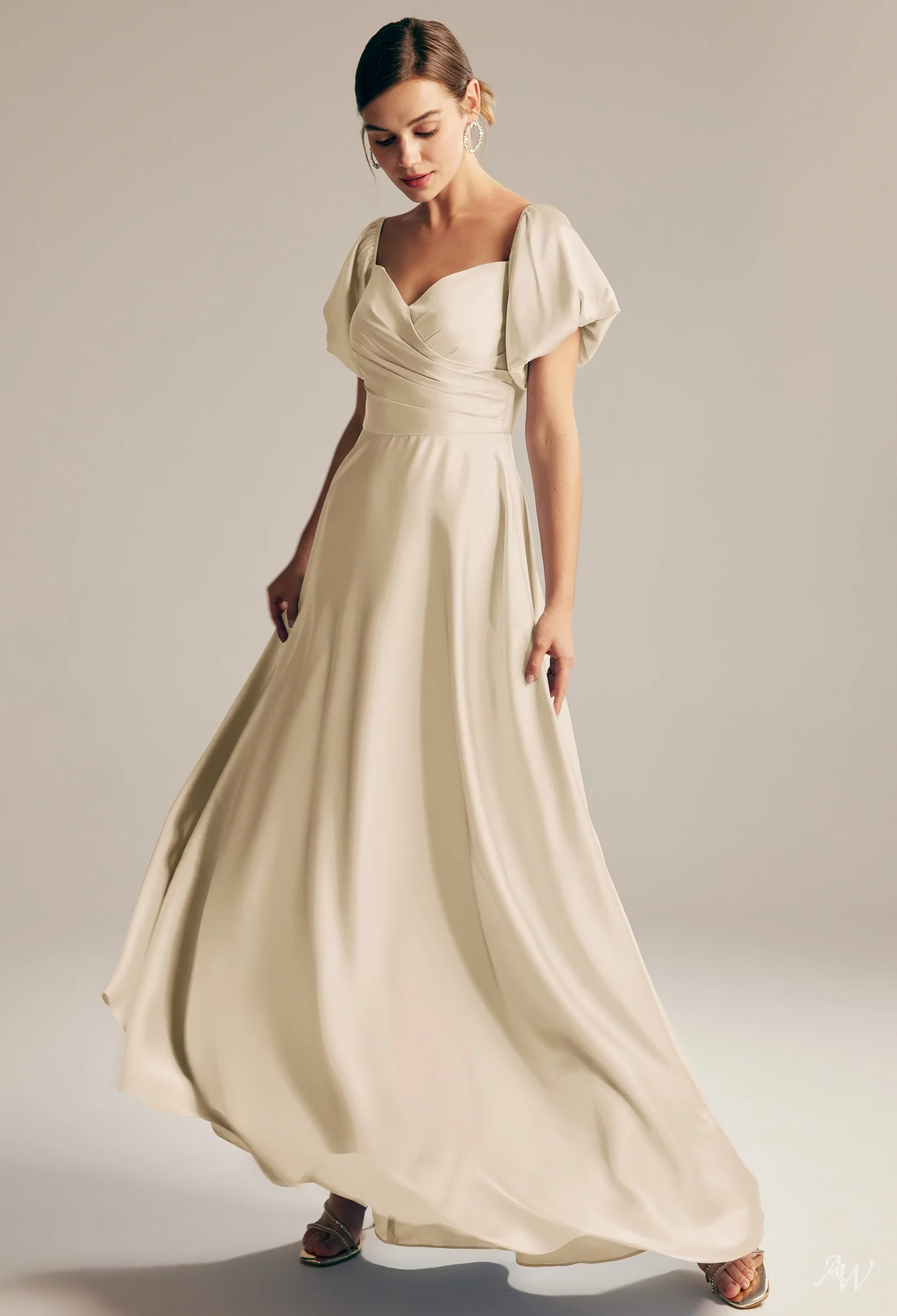 charmeuse champagne bridesmaid dresses AW.Bridal A-line Sweetheart Neckline Floor Length Puff Sleeves Short Sleeves Satin Pleat Plus Size Dress Plus Size 16 length A