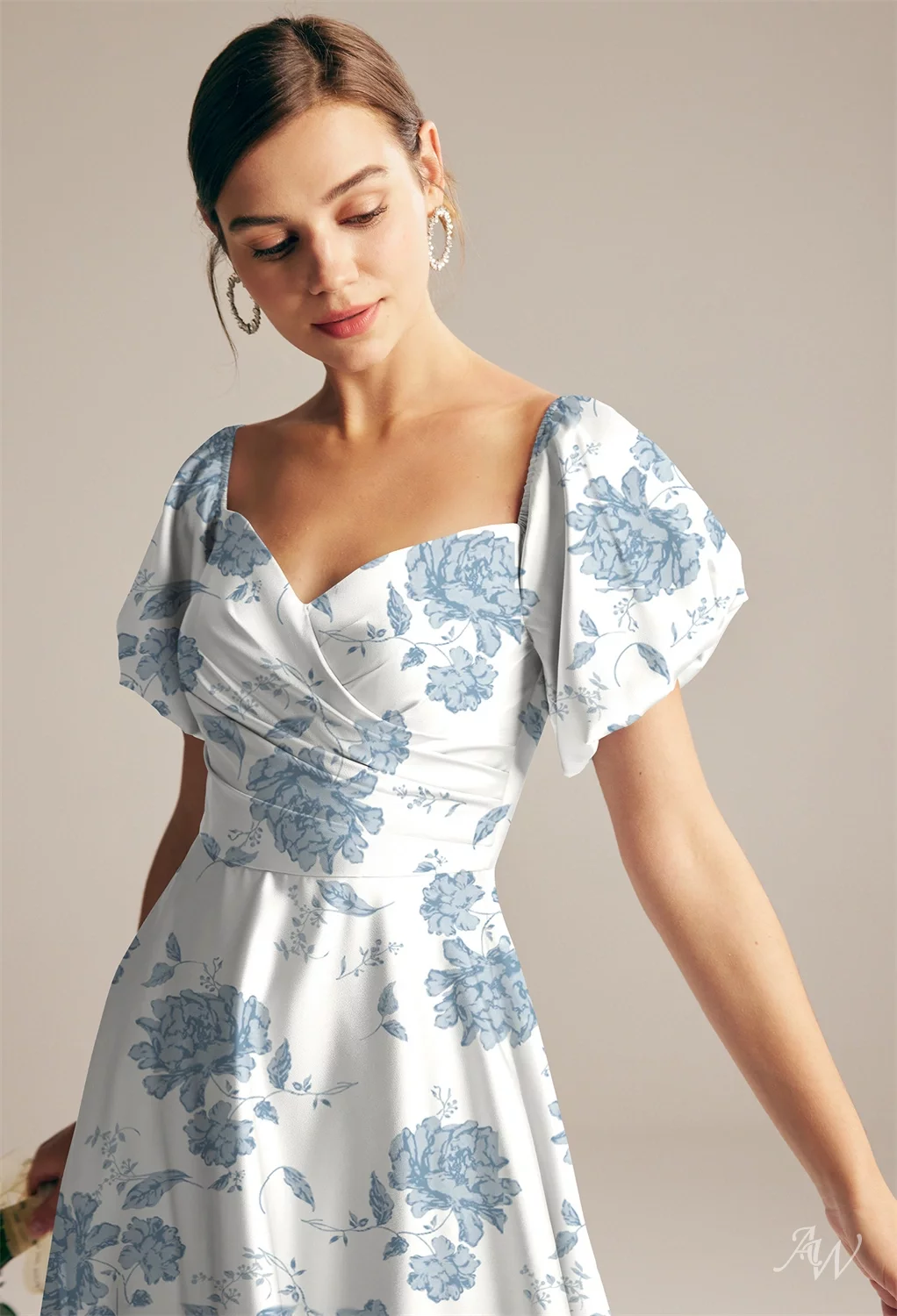 AW.Bridal A-line Sweetheart Neckline Puff Sleeves Short Sleeves Satin Pleat Floral Bridesmaid Dresses Floral Dress Dusty Blue Peonies Plus Size 16