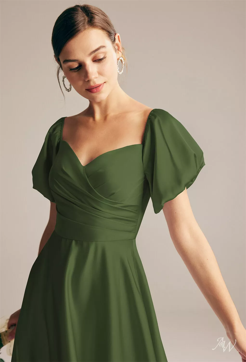 olive green short bridesmaid dresses Olive Green Prom Dresses With Sleeves Short Sleeves Trumpet/Mermaid Zipper Split Long Stretch Satin Prom Dresses