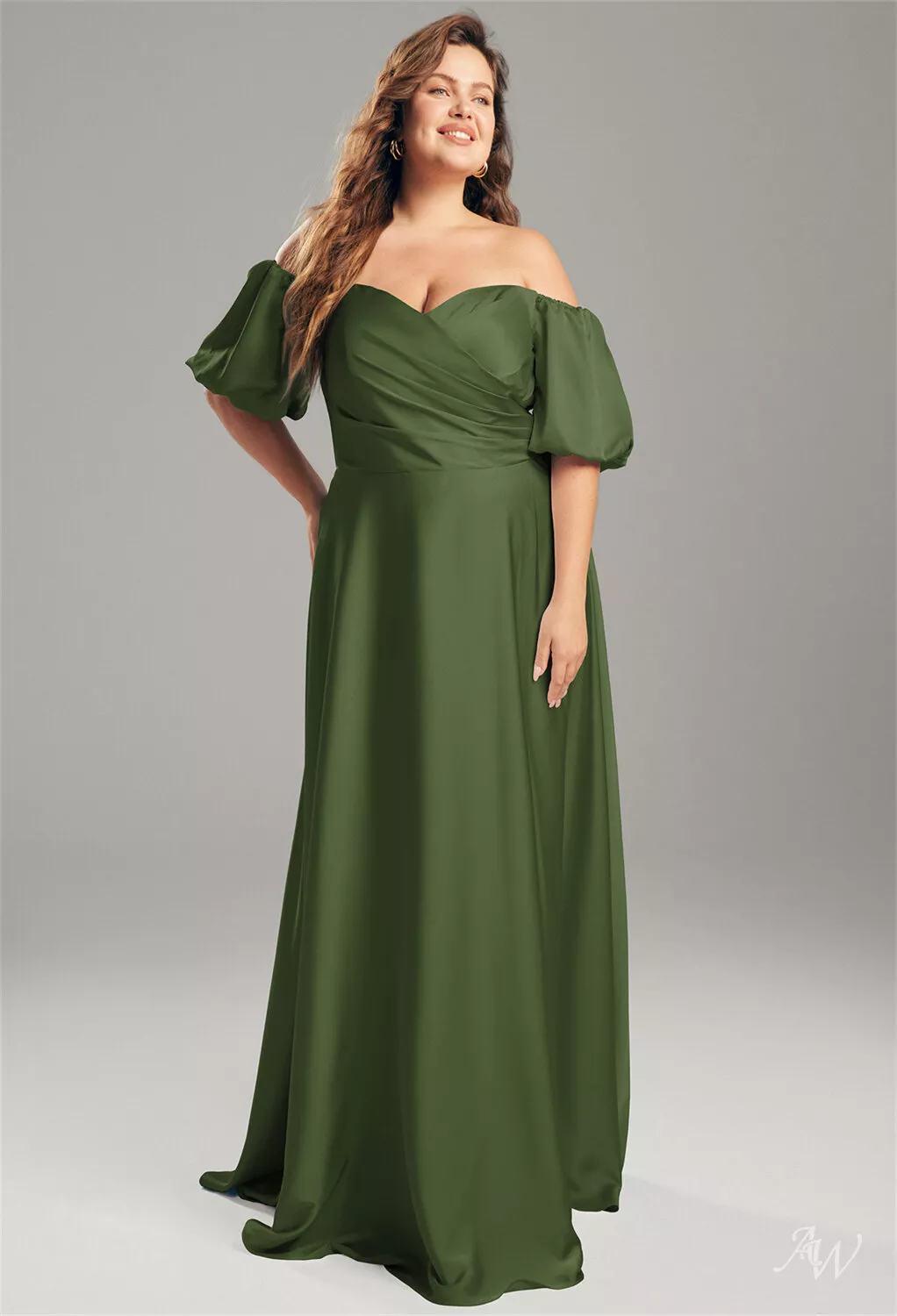 AW.Bridal A-line Sweetheart Neckline Floor Length Puff Sleeves Short Sleeves Satin Pleat Plus Size Dresses Dress Green Olive Plus Size 16
