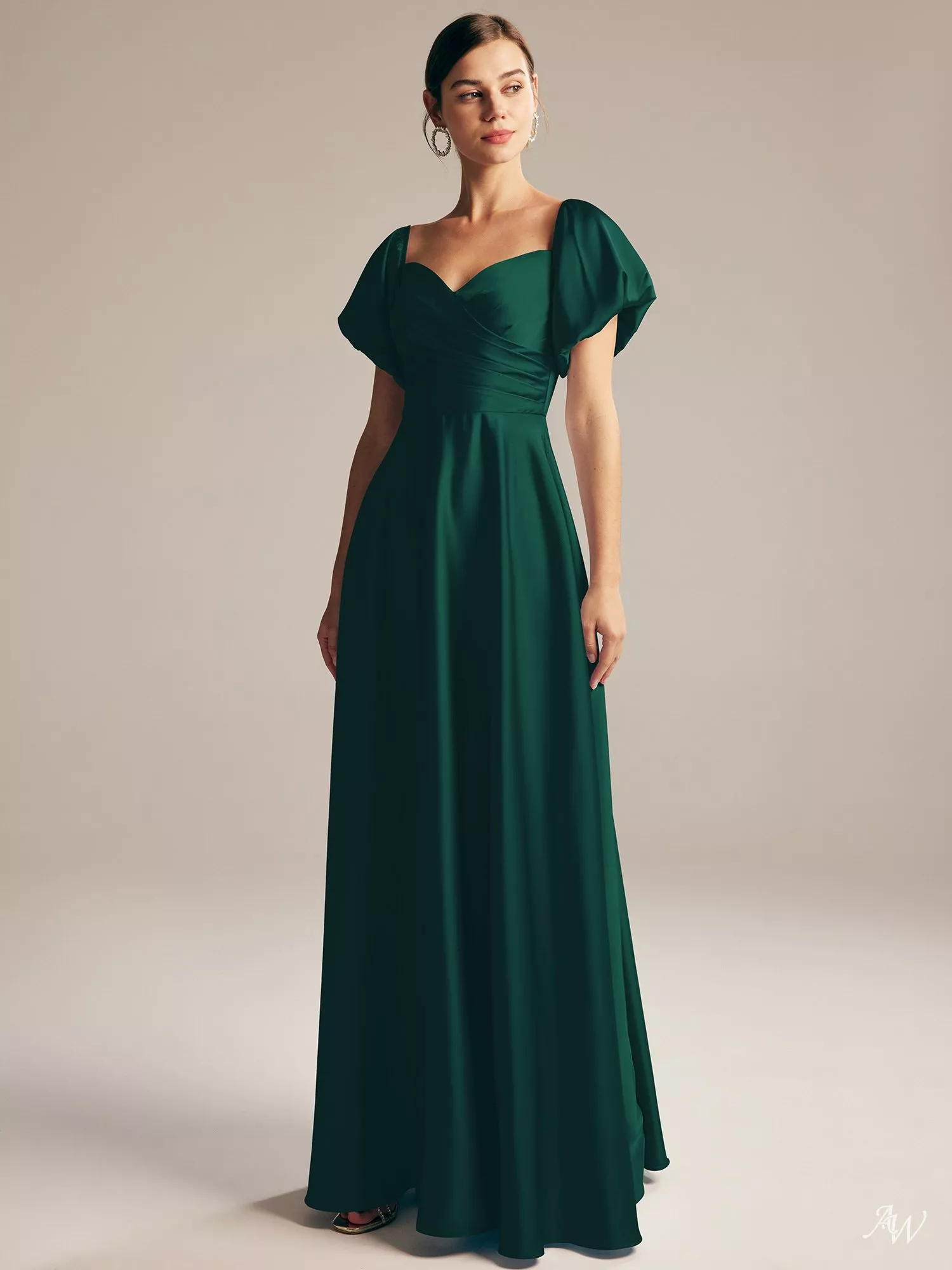 AW.Bridal A-line Sweetheart Neckline Floor Length Puff Sleeves Short Sleeves Satin Pleat Plus Size Dresses Dress Hunter Green Plus Size 16