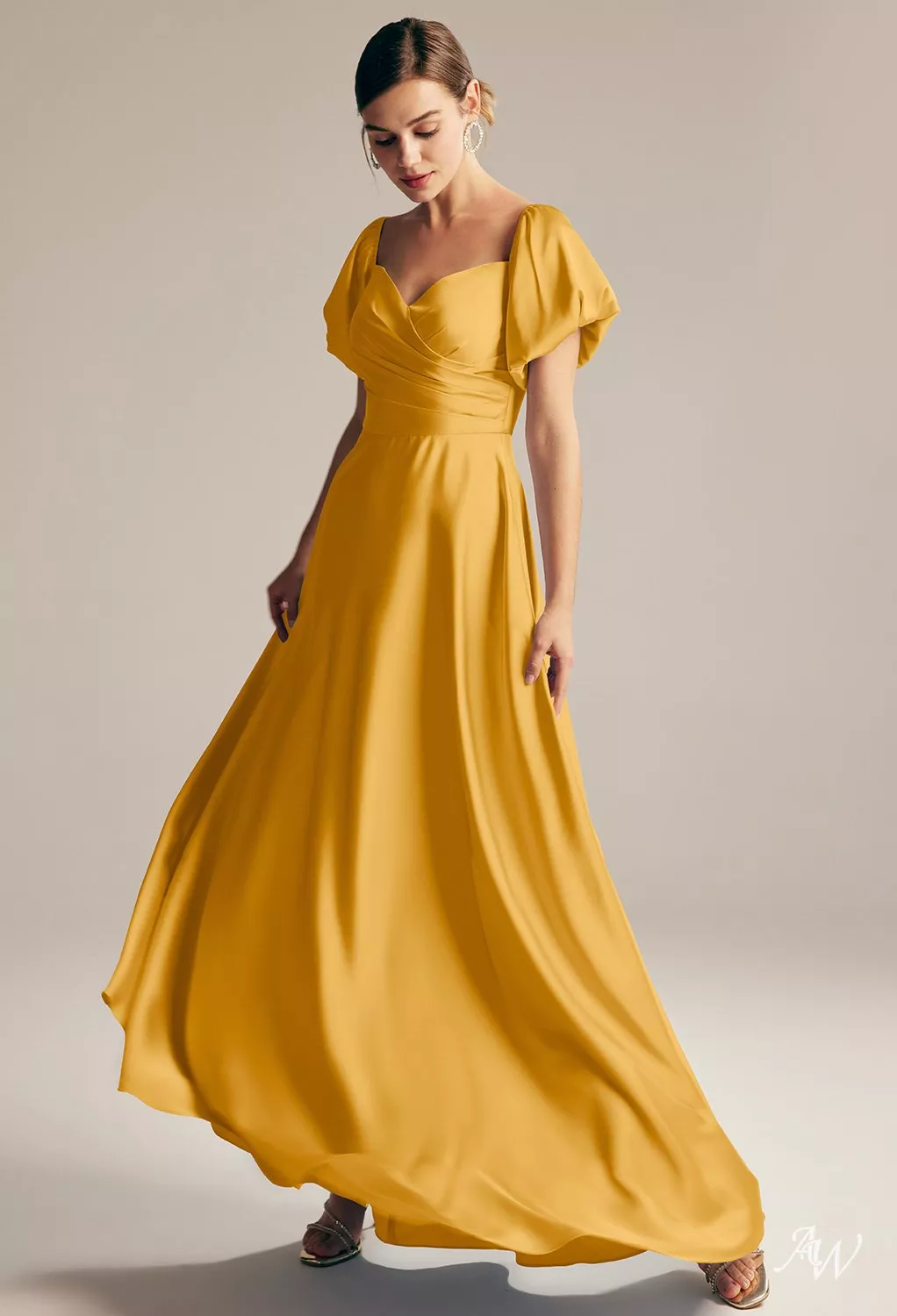 AW.Bridal A-Line Sweetheart Neckline Floor Length Puff Sleeves Short Sleeves Satin Pleat Plus Size Dresses Dress Mango Plus Size 16