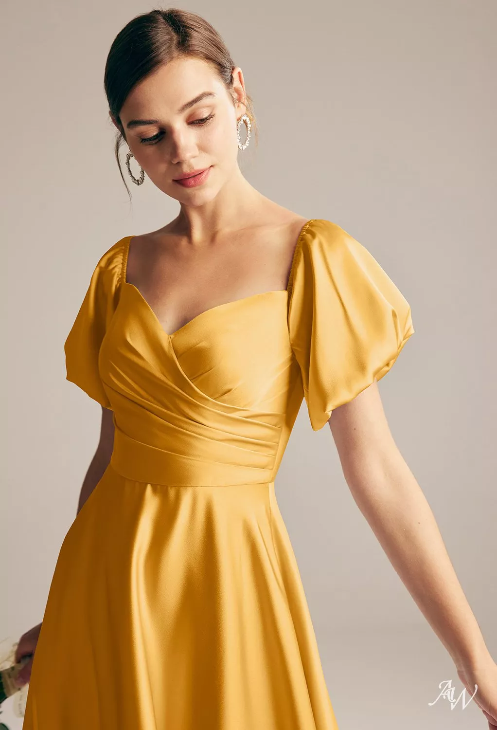 AW.Bridal A-Line Sweetheart Neckline Floor Length Puff Sleeves Short Sleeves Satin Pleat Plus Size Dresses Dress Mango Plus Size 16