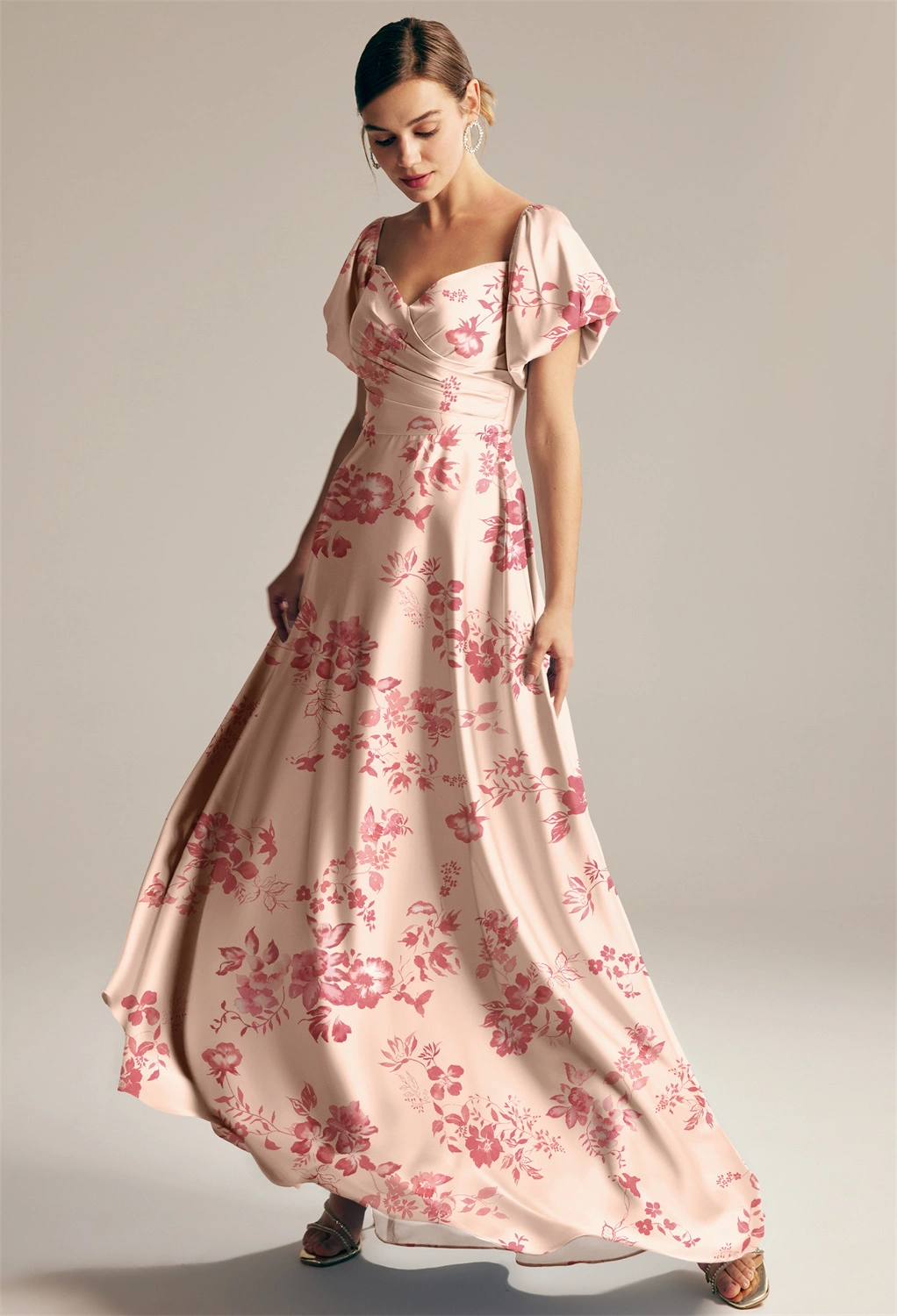 pink floral print bridesmaid dresses Pink Floral V Neck Sleeveless Ruffles Long Chiffon Bridesmaid Dresses