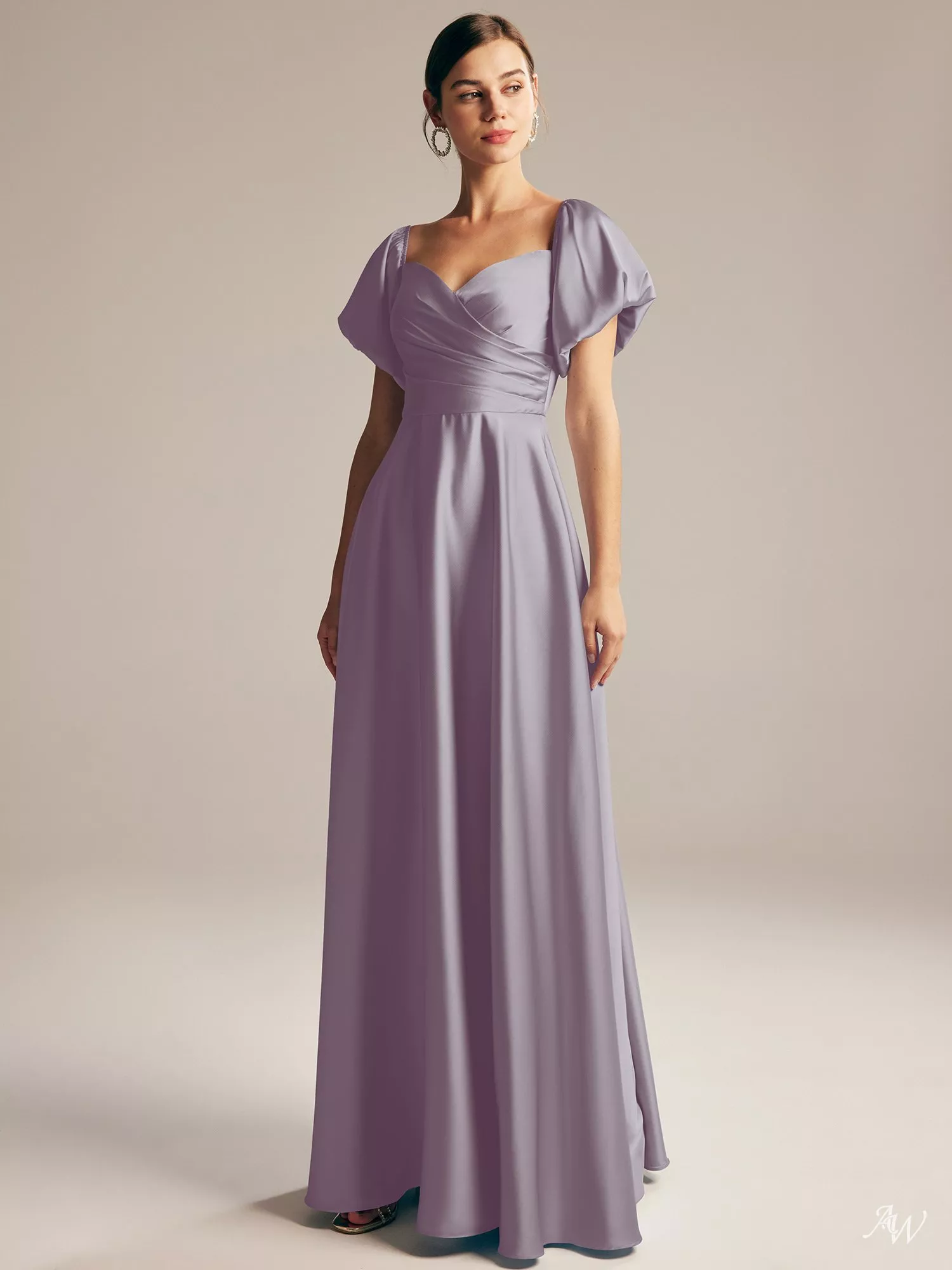 AW.Bridal A-line Sweetheart Neckline Floor Length Puff Sleeves Short Sleeves Satin Pleat Plus Size Dresses Dress Purple Haze Size 8