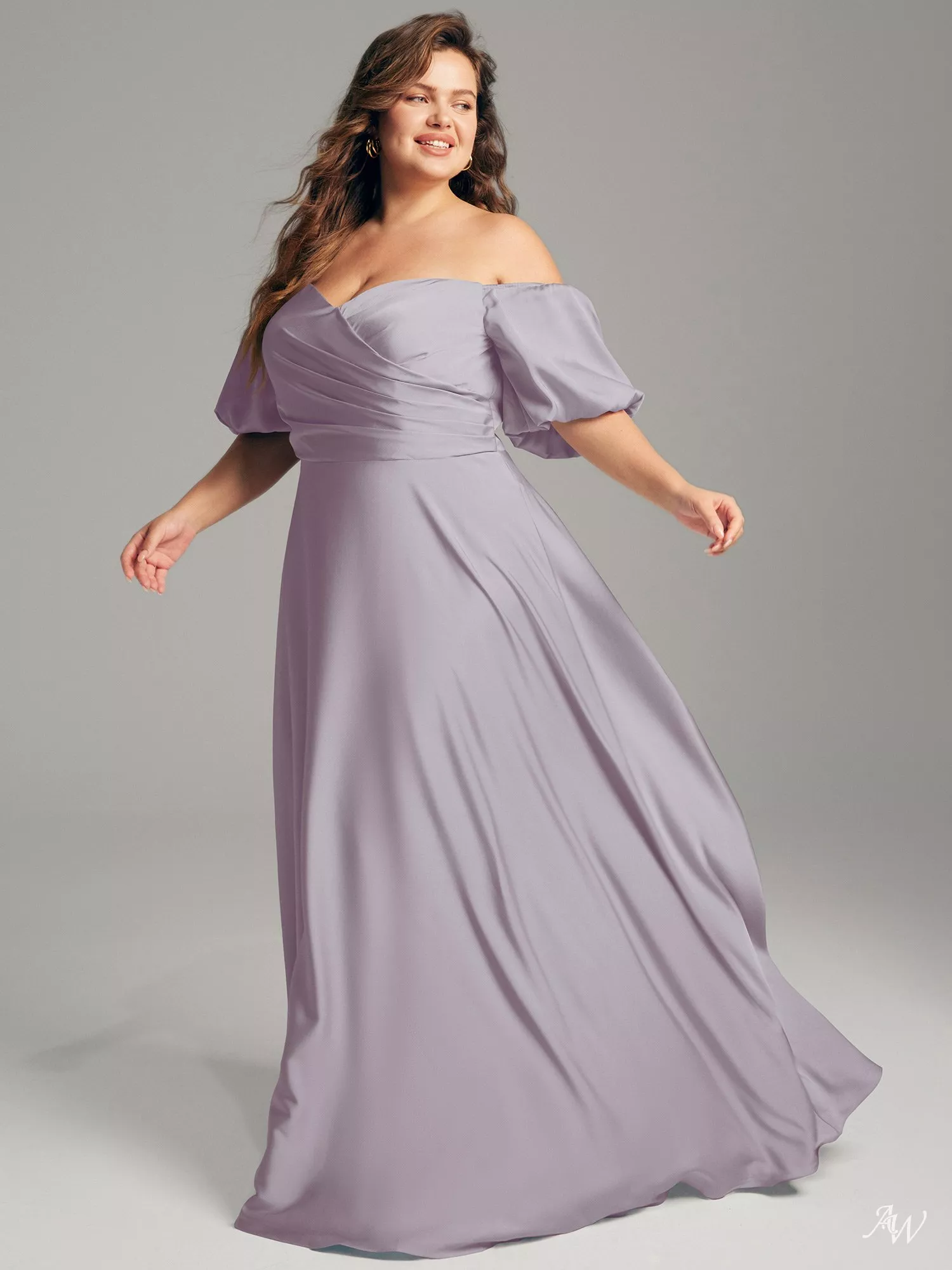 AW.Bridal A-line Sweetheart Neckline Floor Length Puff Sleeves Short Sleeves Satin Pleat Plus Size Dresses Dress Purple Haze Plus Size 16