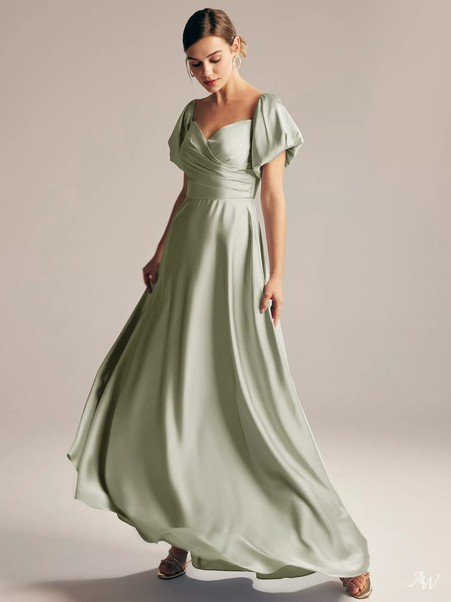 AW.Bridal A-line Sweetheart Neckline Floor Length Puff Sleeves Short Sleeves Satin Pleat Plus Size Dresses Dress Sage Green Size 8