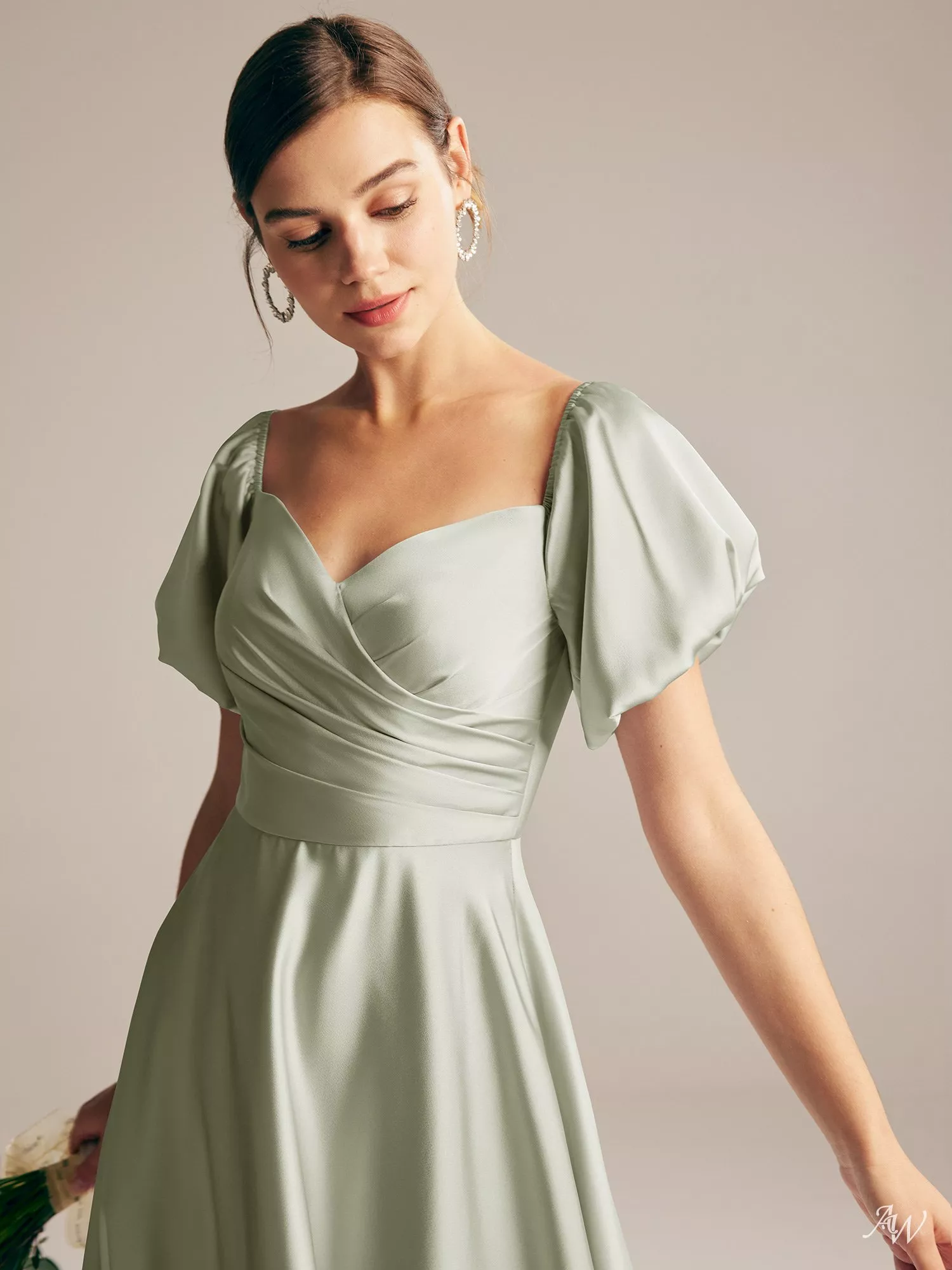 AW.Bridal A-line Sweetheart Neckline Floor Length Puff Sleeves Short Sleeves Satin Pleat Plus Size Dresses Dress Sage Green Size 8