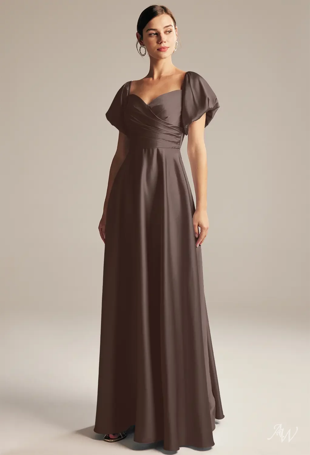 brown wedding dress AW.Bridal A-line Sweetheart Neckline Floor Length Puff Sleeves Short Sleeves Satin Pleat Long Bridesmaid Dresses Seal Size 6 Washing machine