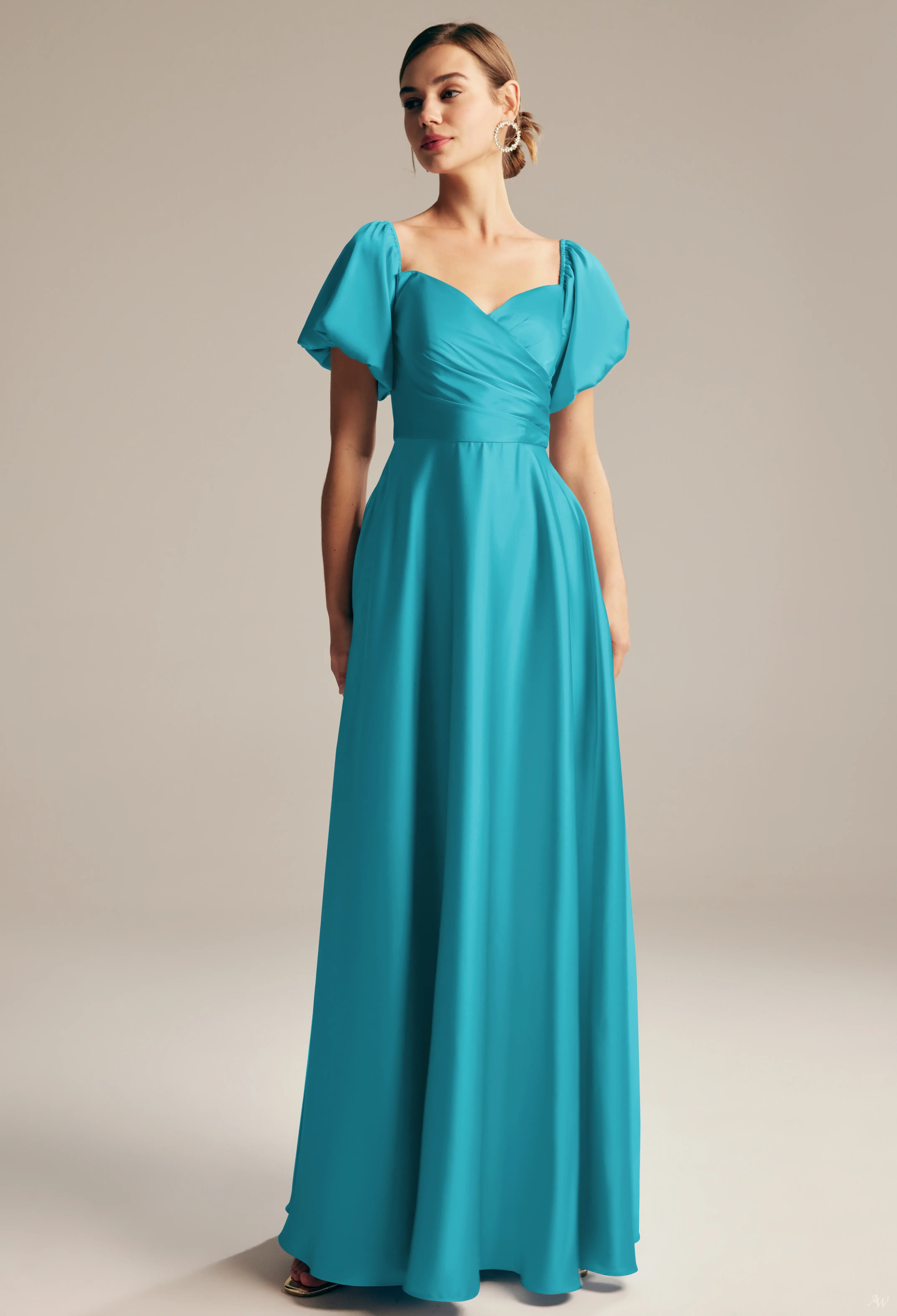 charmeuse satin bridesmaid dress AW.Bridal A-line Sweetheart Neckline Floor Length Puff Sleeves Short Sleeves Satin Pleat Long Bridesmaid Dresses Dress Seal Brown Size 6