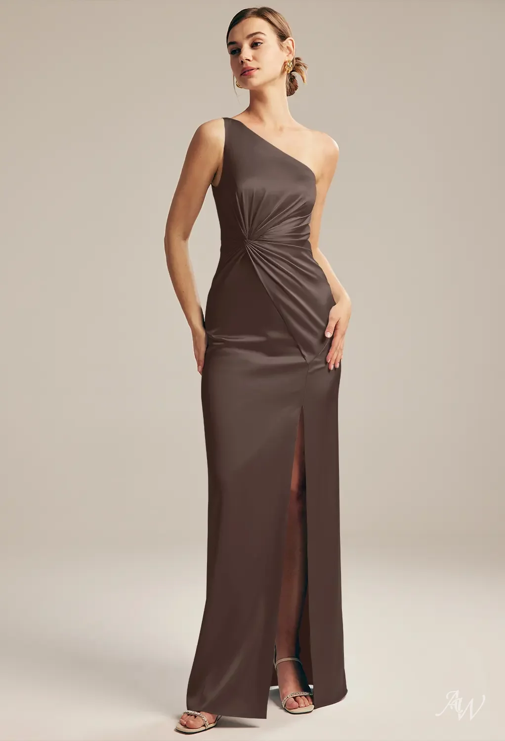 AW.Bridal Column One Shoulder Floor Length Sleeveless Satin Ruching Split Long Bridesmaid Dresses Dress Seal Brown Size 16