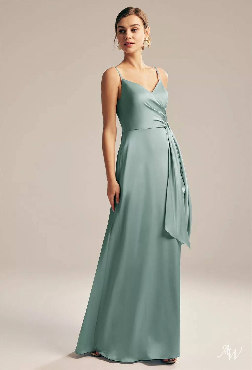 charmeuse deep v-neck a-line bridesmaid dress Amsale Bridesmaid Dress Zinnia GB308S Mocha main image 0