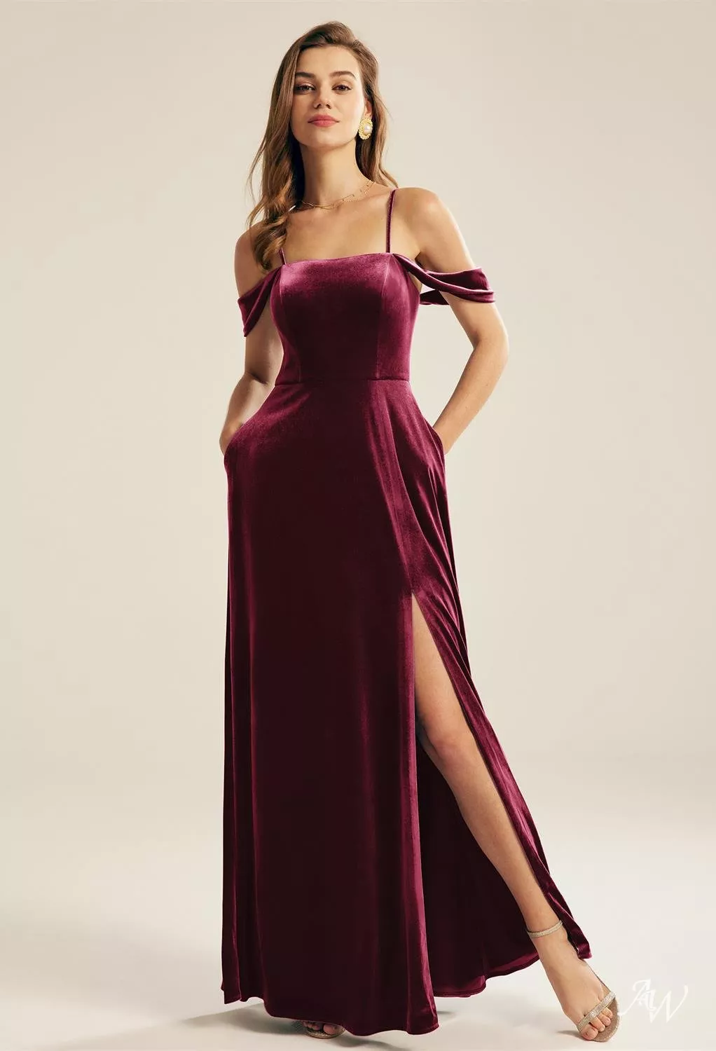 AW.Bridal A-Line Square Neckline Floor Length Sleeveless Spaghetti Straps Split Plus Size Dresses Dress Burgundy Size 16