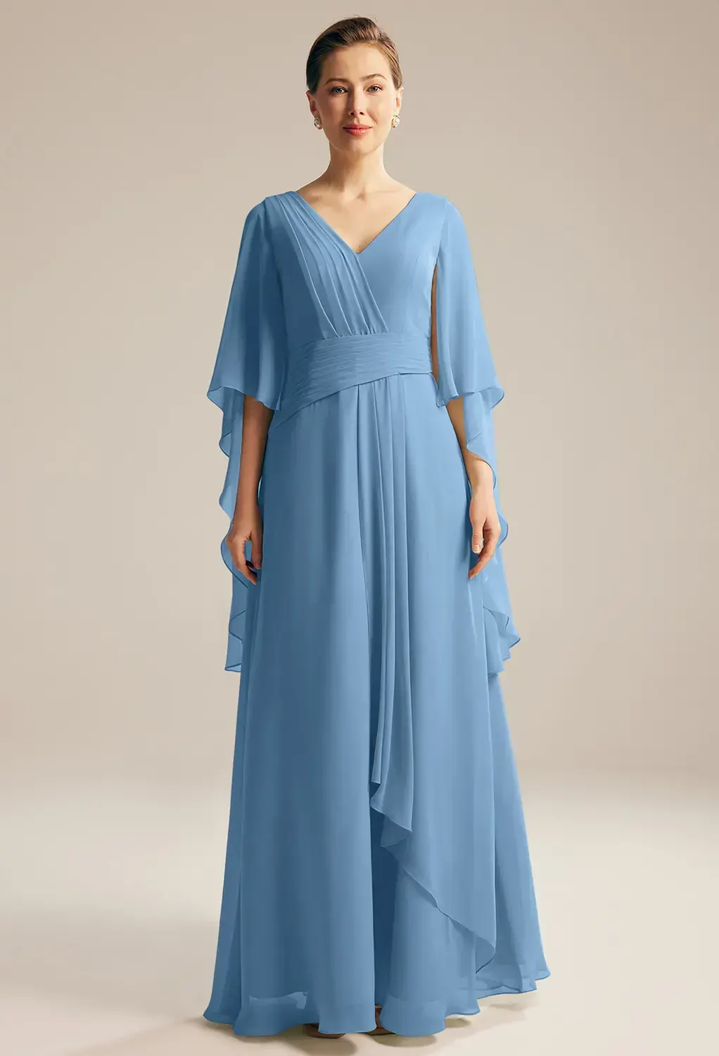 princess polly baby blue dress A-Line Illusion Neck Cape Sleeves Floor-Length Chiffon Mother Of The Bride  Dresses With Appliques Lace