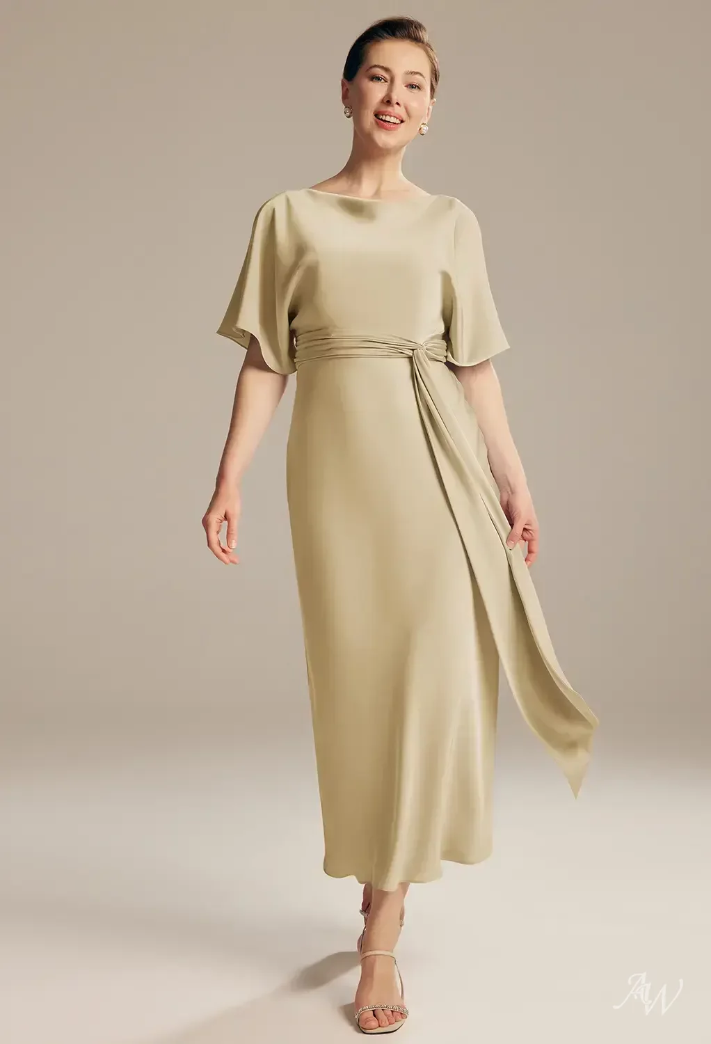 light gold mother of the bride dresses AW.Bridal Column Bateau Neckline Ankle Length Short Sleeves Satin Dress Size 8 0125WH