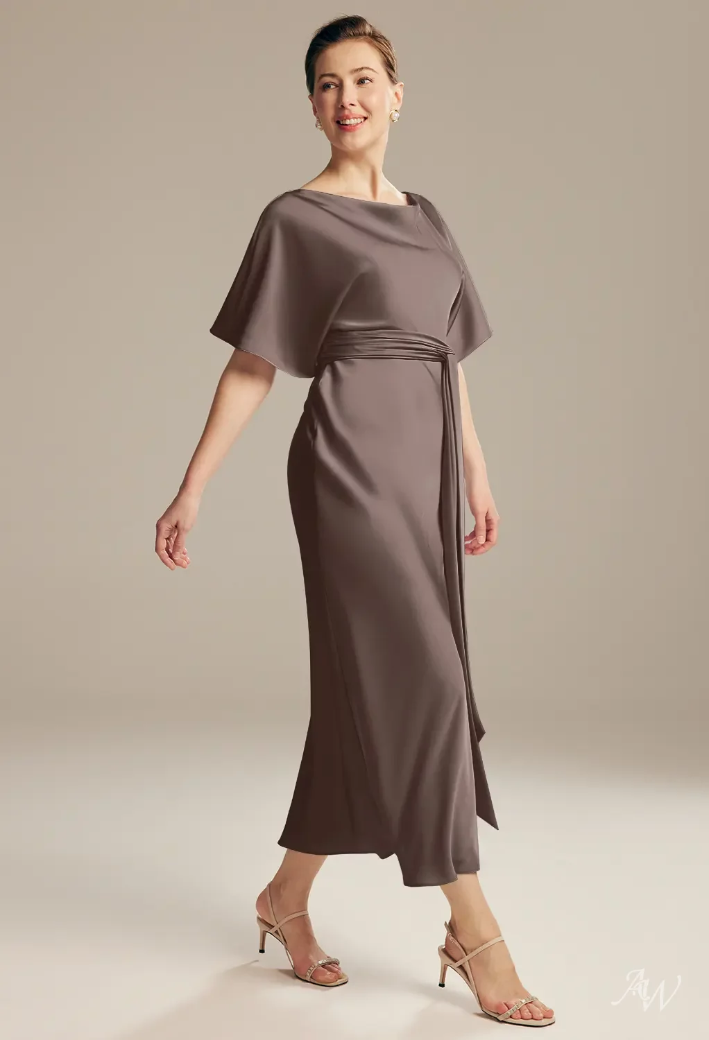 brown ankle length dress AW.Bridal Column Bateau Neckline Short Sleeves Satin Mother of the Bride Dresses Seal Size 8 Size:US 64 long / EU 74 long (6.4