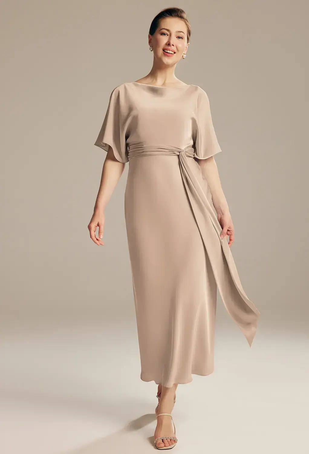 beige dresses for mother of the groom ZAPAKA Woman Beige Mother Of Bride Dress A Line Flutter Sleeves Evening Dress With Lace Appliques, Beige / US26W