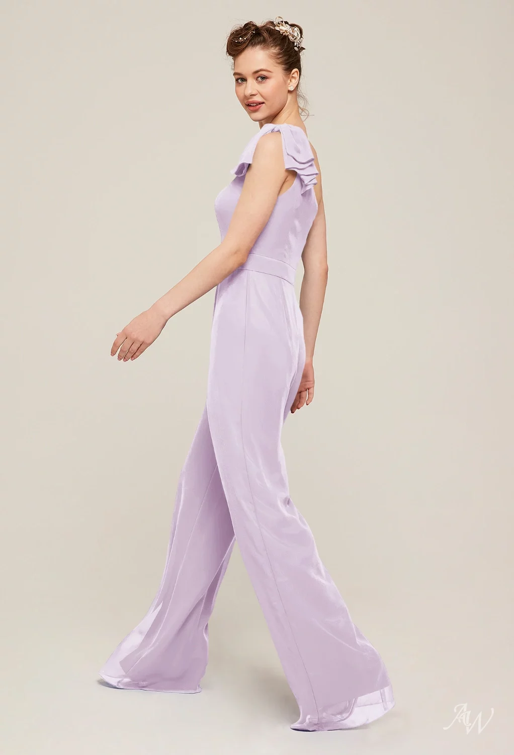 AW.Bridal Jumpsuit One Shoulder Floor Length Sleeveless Chiffon Long Bridesmaid Dresses Lilac Size 18