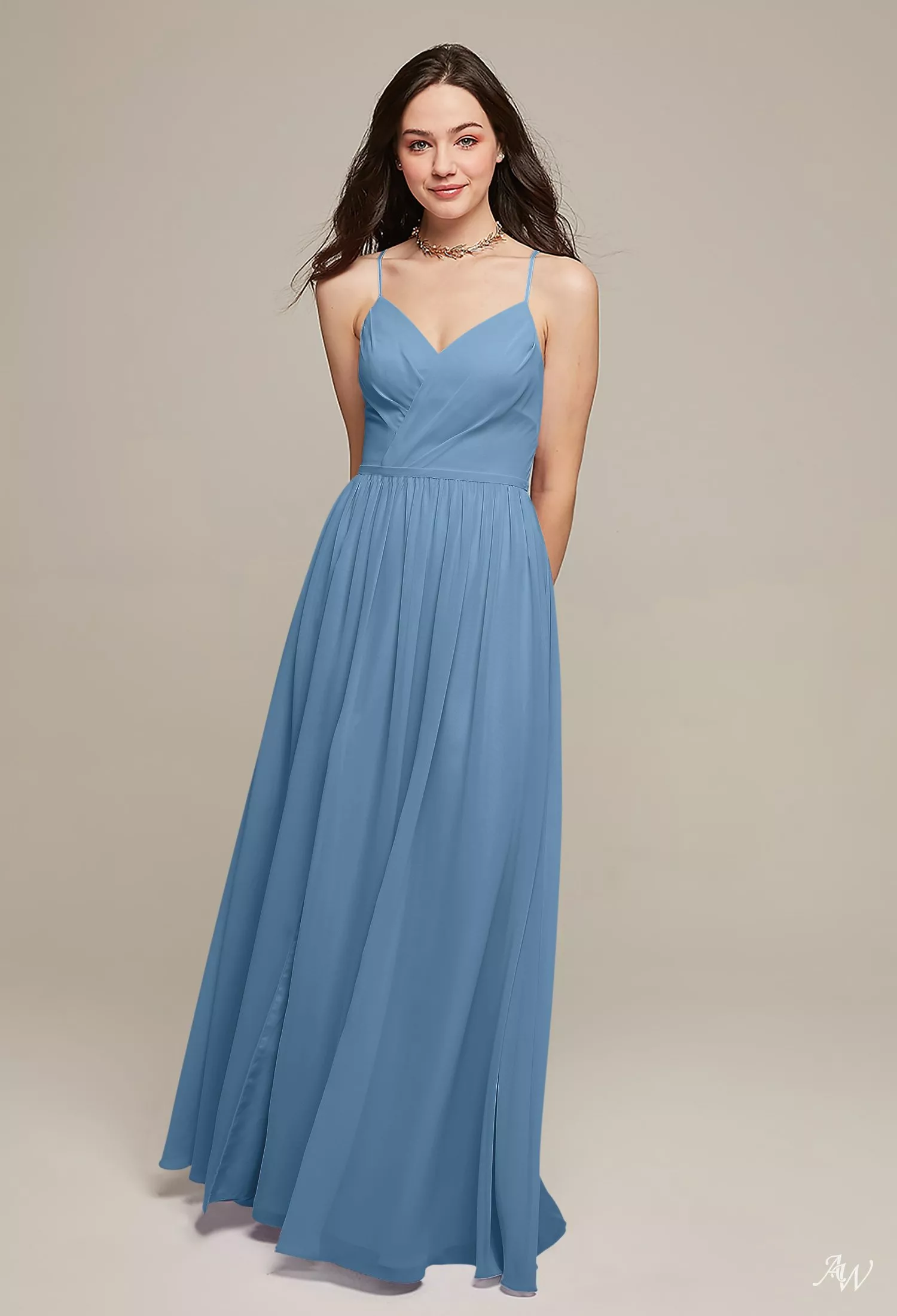 AW.Bridal A-line V-Neck Floor Length Sleeveless Spaghetti Straps Cutout Plus Size Dresses Dress Dusty Blue Size 6