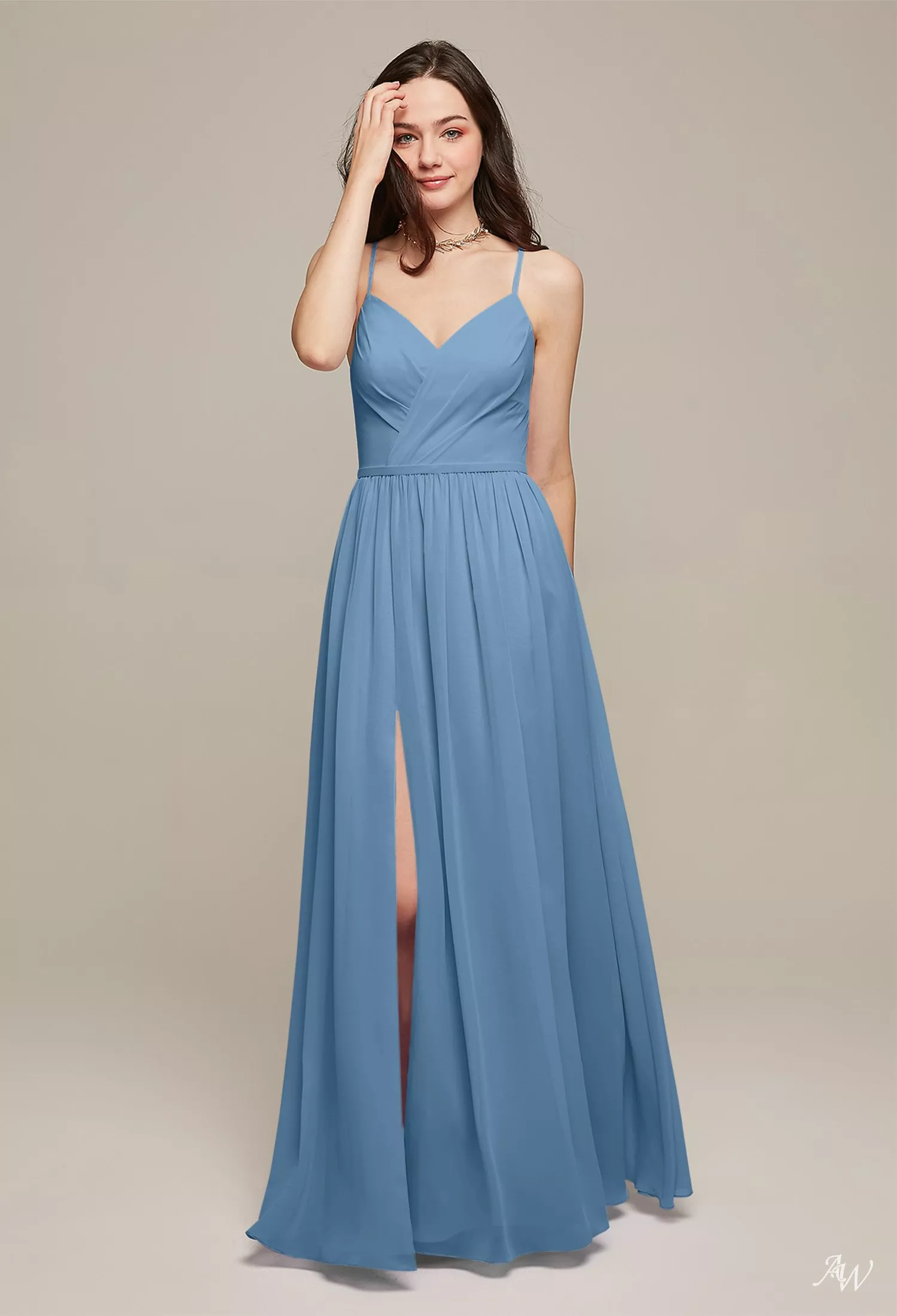 AW.Bridal A-line V-Neck Floor Length Sleeveless Spaghetti Straps Cutout Plus Size Dresses Dress Dusty Blue Size 6